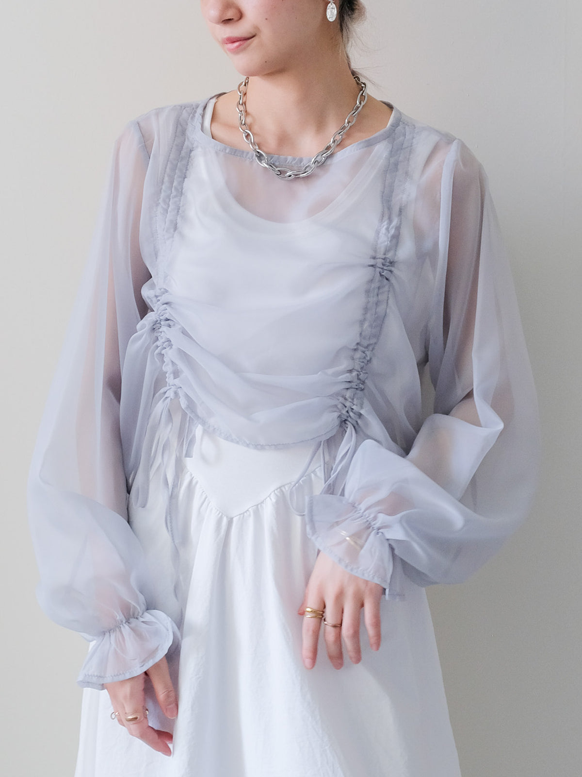 【予約商品】Sheer Gather Ribbon Blouse(シアーギャザーリボンブラウス)