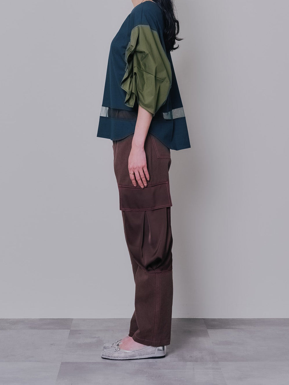 ビックサテンミリタリーポケット配色ステッチパンツ [601359] brown