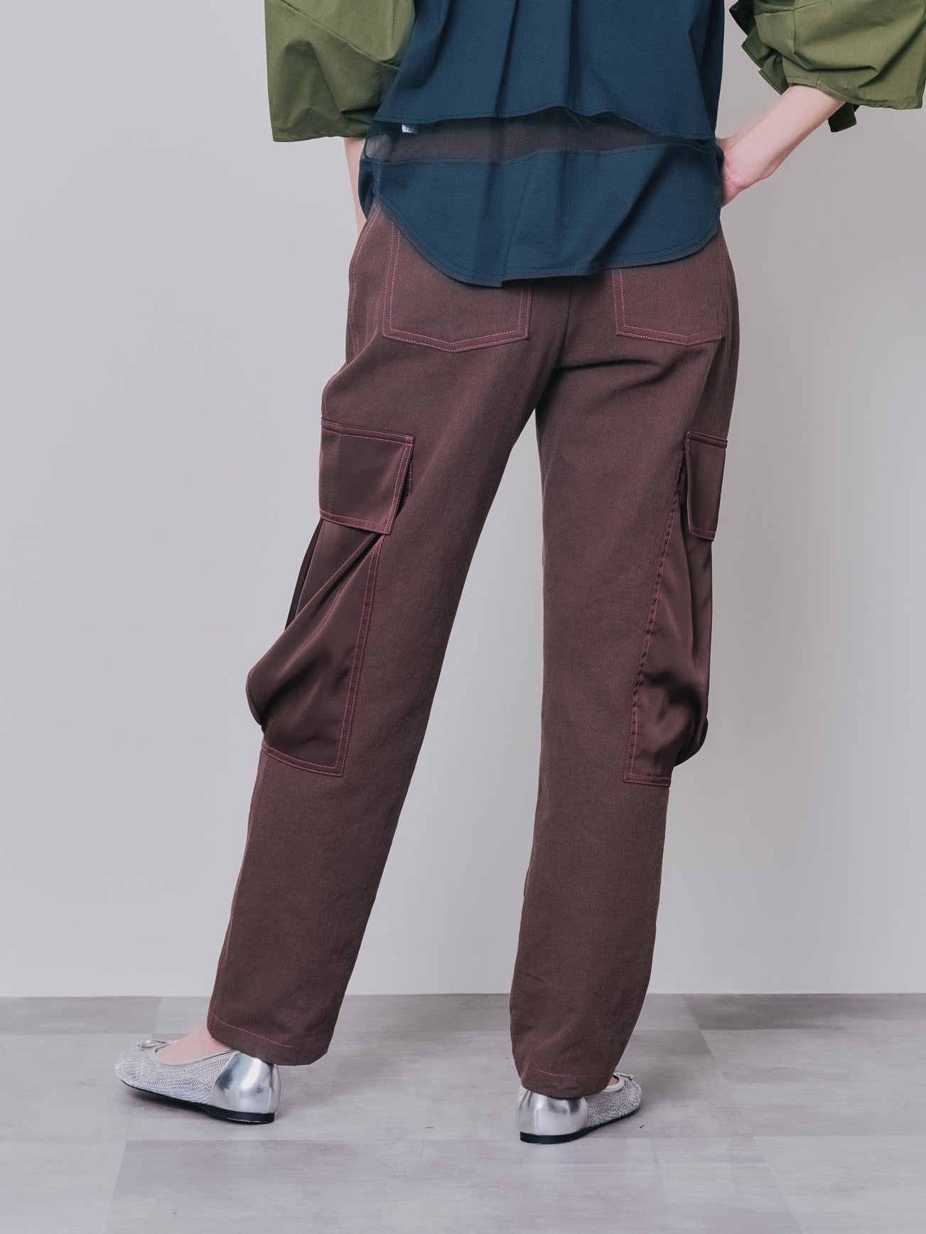 ビックサテンミリタリーポケット配色ステッチパンツ [601359] brown