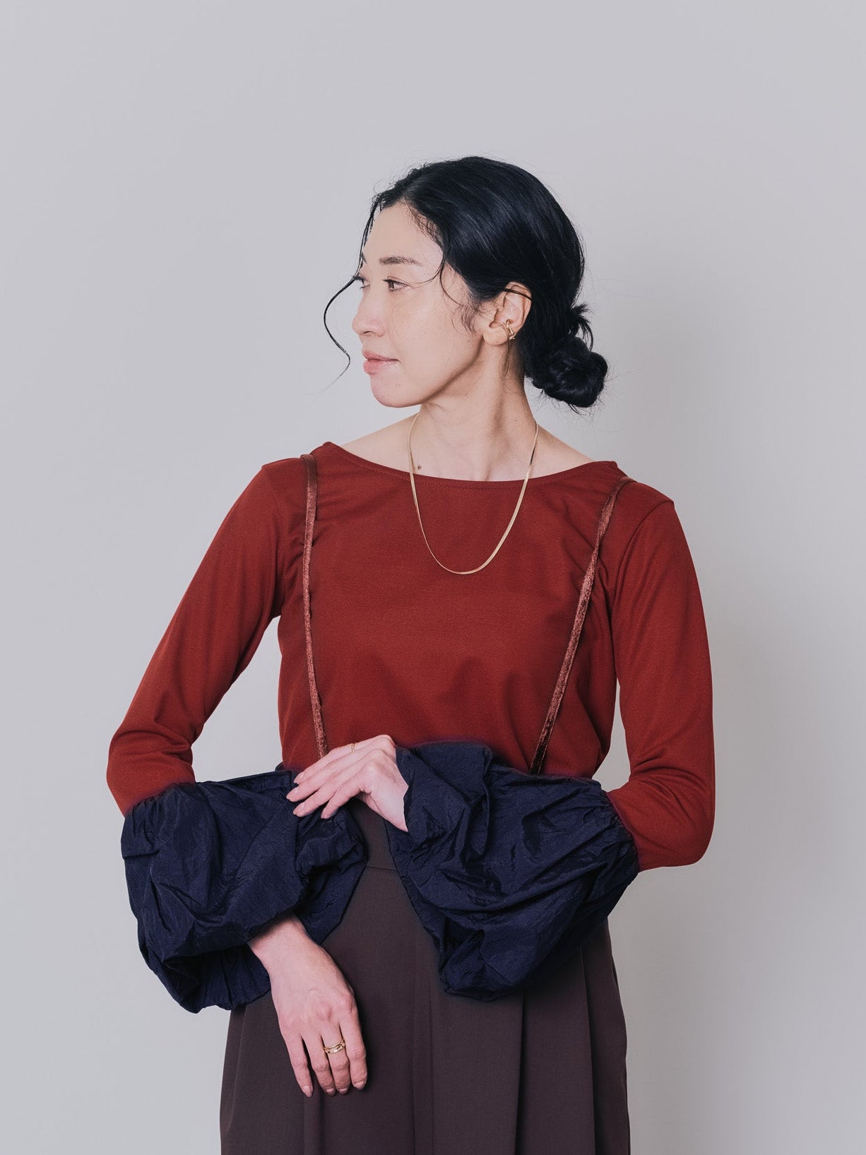 配色バルーンスリーブトップス [601371] wine red