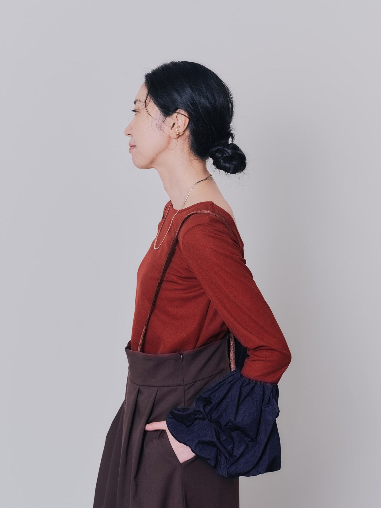 配色バルーンスリーブトップス [601371] wine red