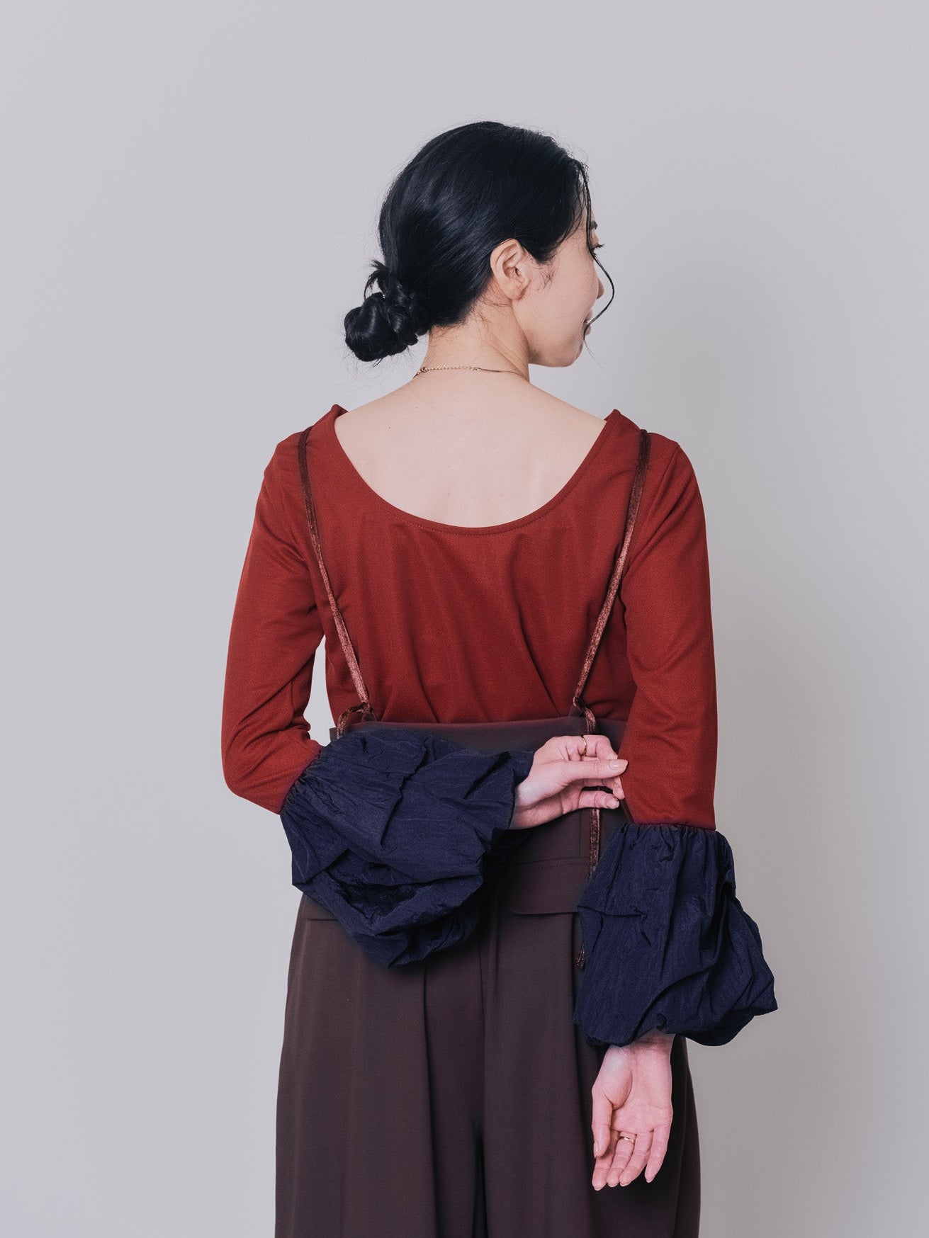 配色バルーンスリーブトップス [601371] wine red