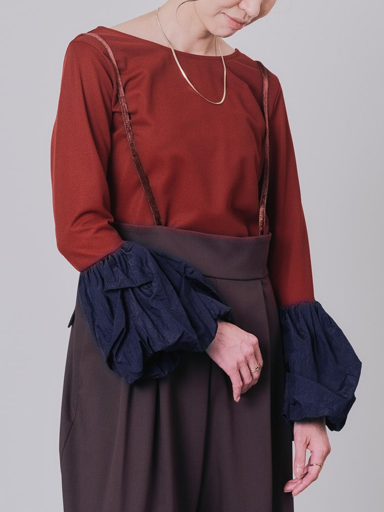 配色バルーンスリーブトップス [601371] wine red