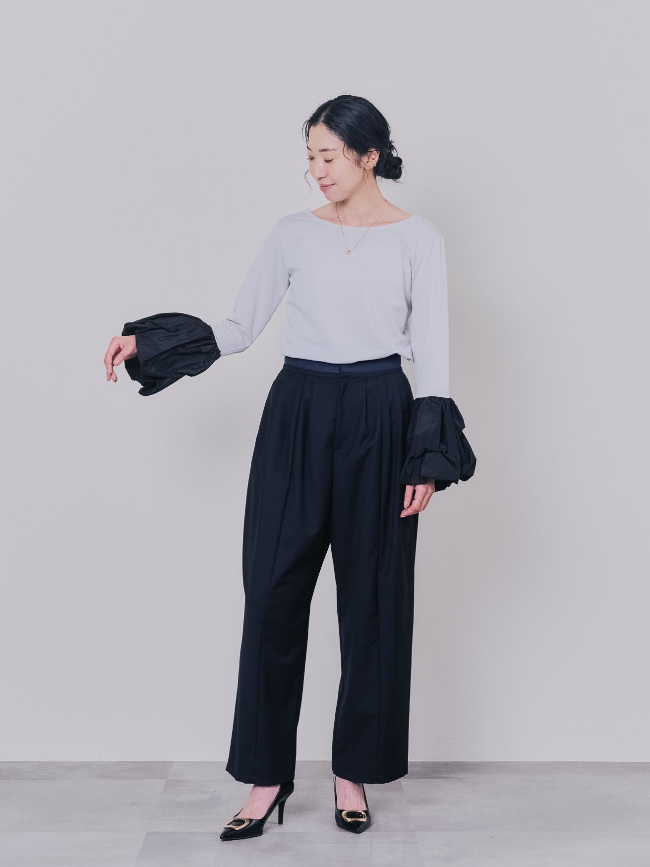 配色バルーンスリーブトップス [601371] light grey