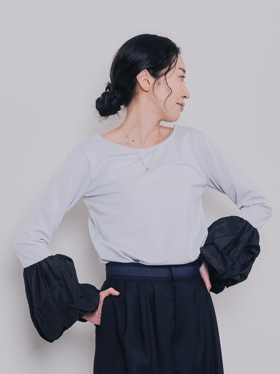 配色バルーンスリーブトップス [601371] light grey