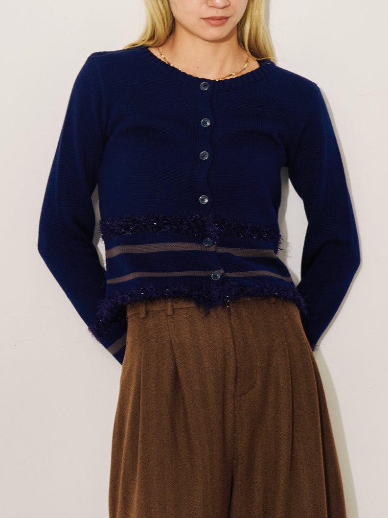 ポイントポップコーンマルチボーダーニットカーディガン [601458] dark navy