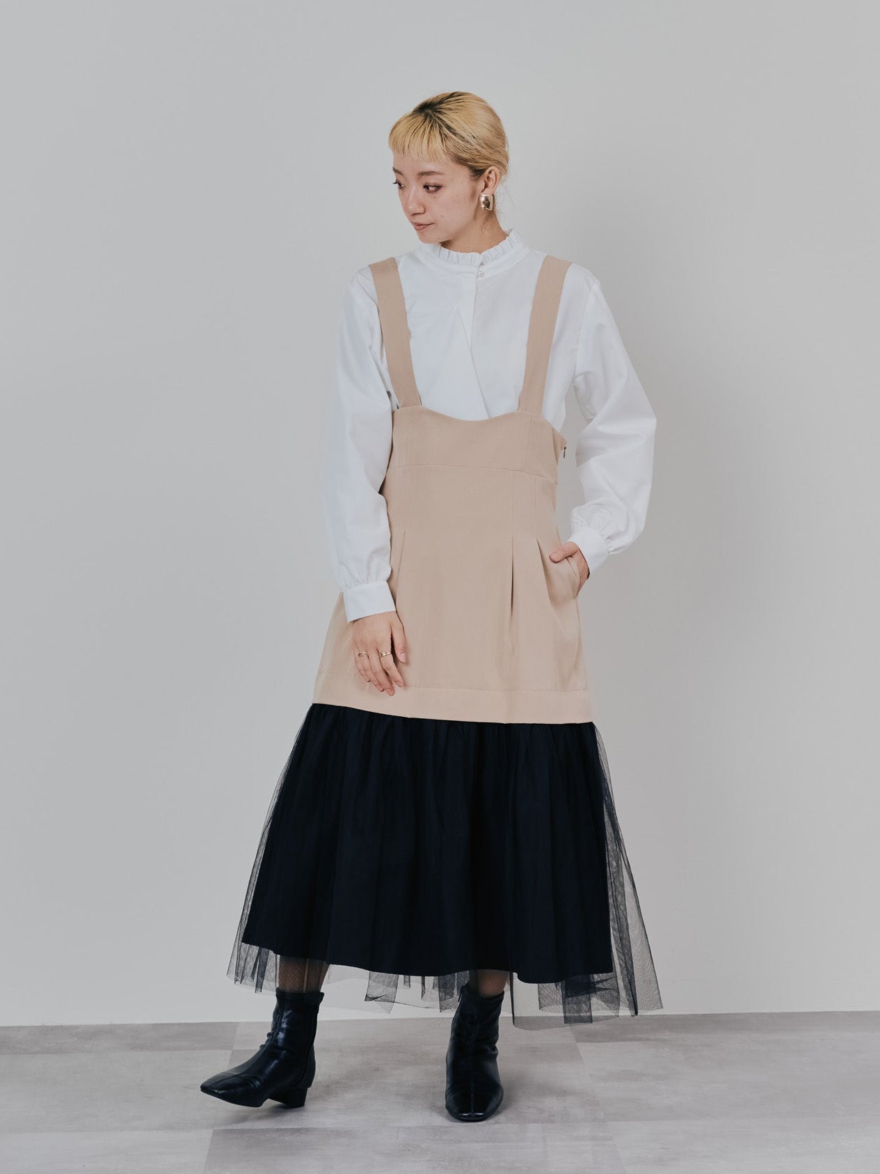 【予約商品】チュールドッキングチノジャンパースカ―ト [601418] beige