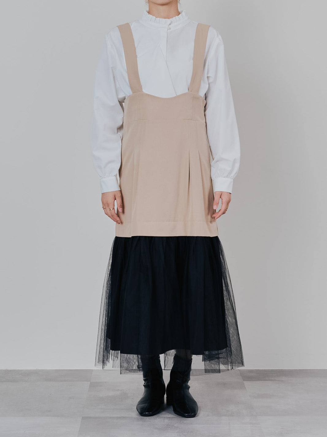 【予約商品】チュールドッキングチノジャンパースカ―ト [601418] beige