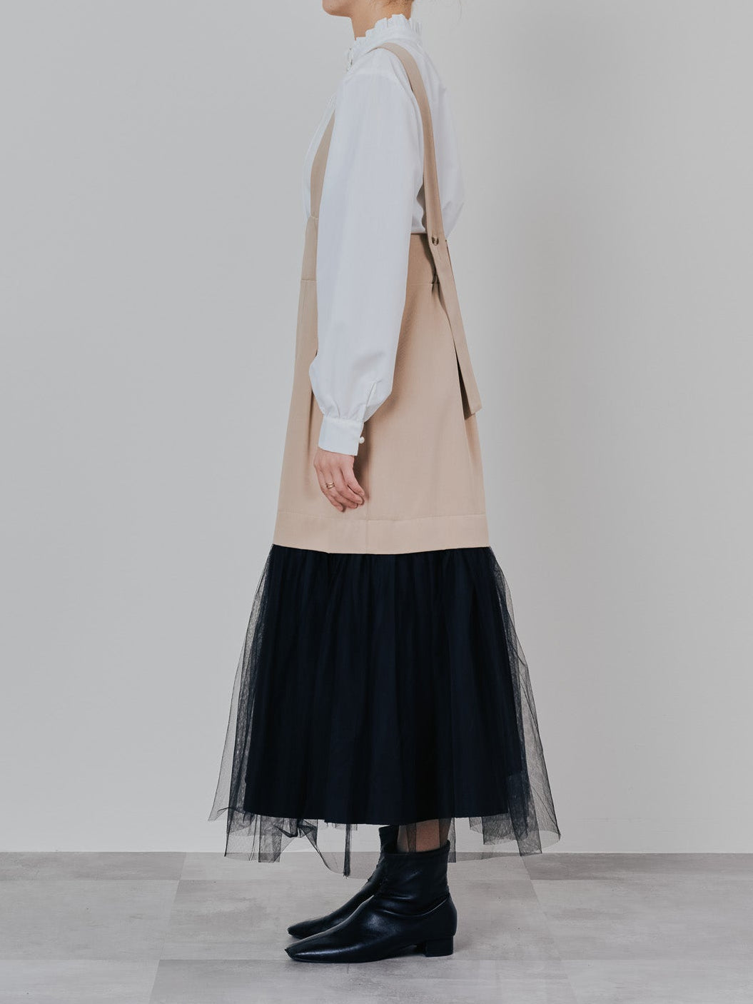 【予約商品】チュールドッキングチノジャンパースカ―ト [601418] beige