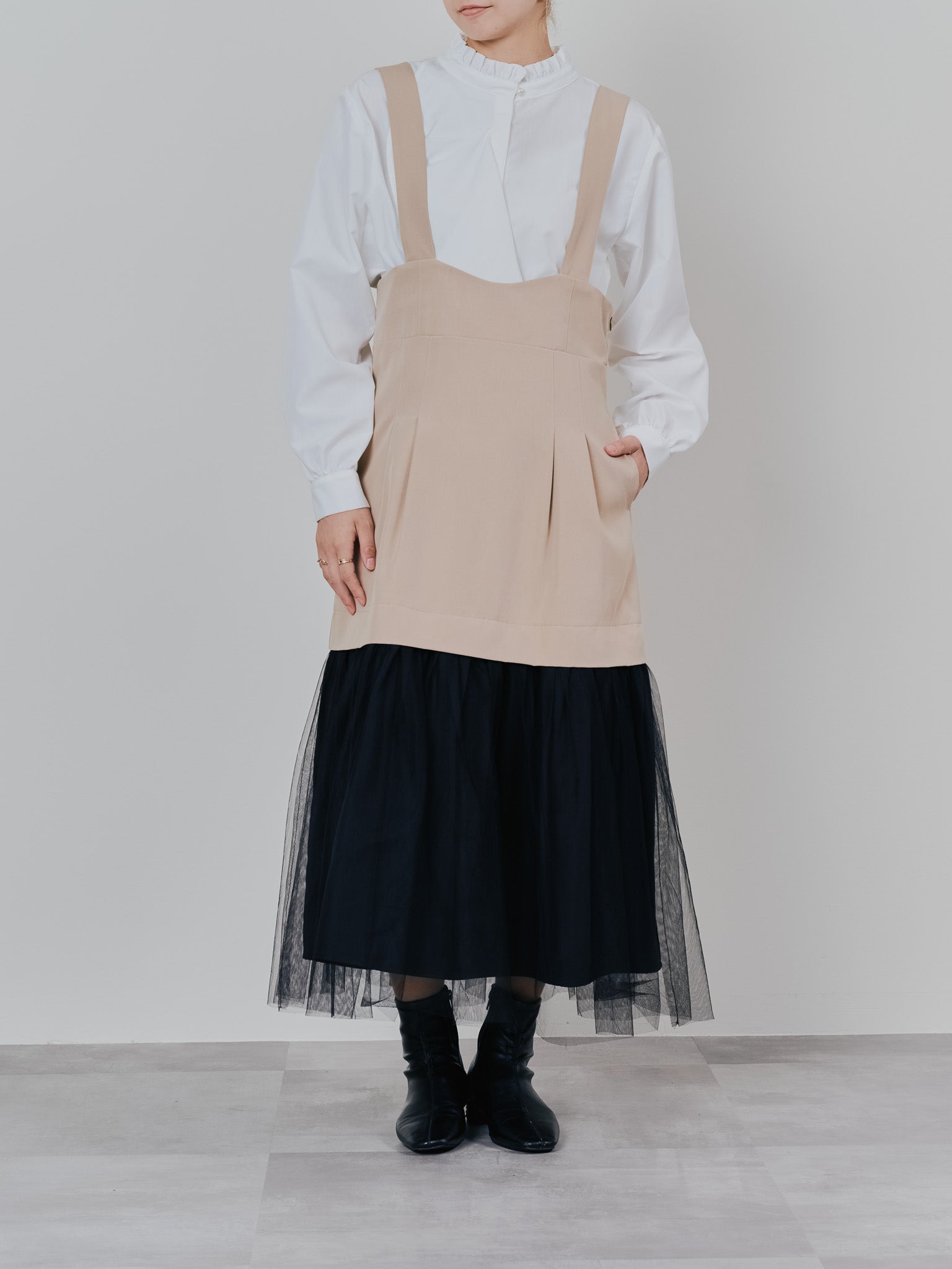 【予約商品】チュールドッキングチノジャンパースカ―ト [601418] beige