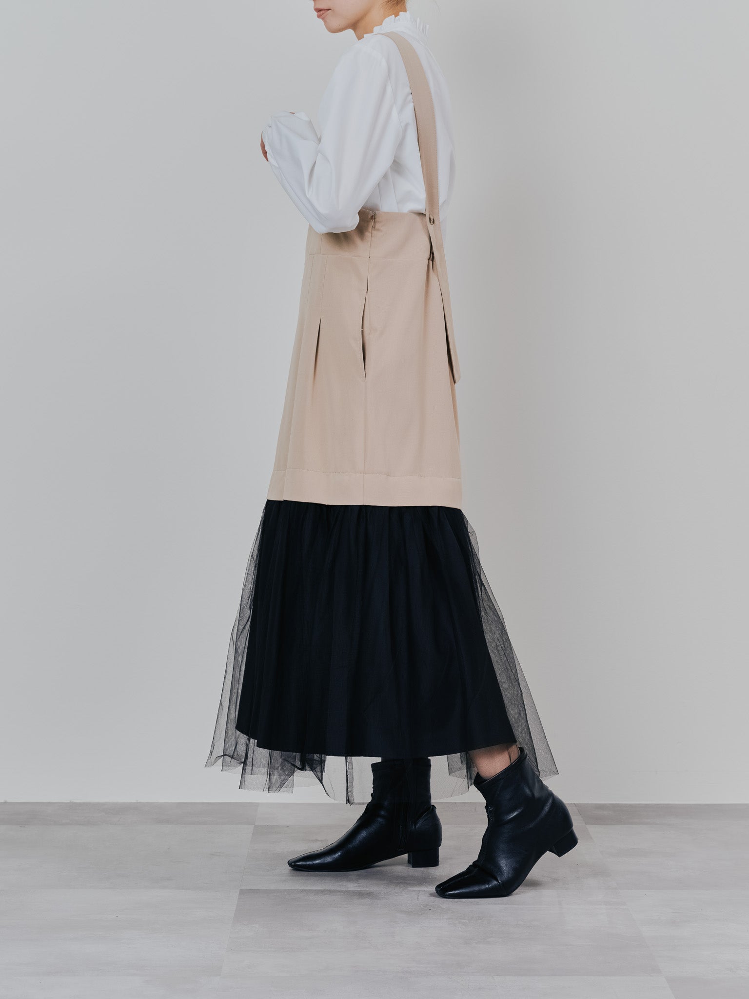 【予約商品】チュールドッキングチノジャンパースカ―ト [601418] beige