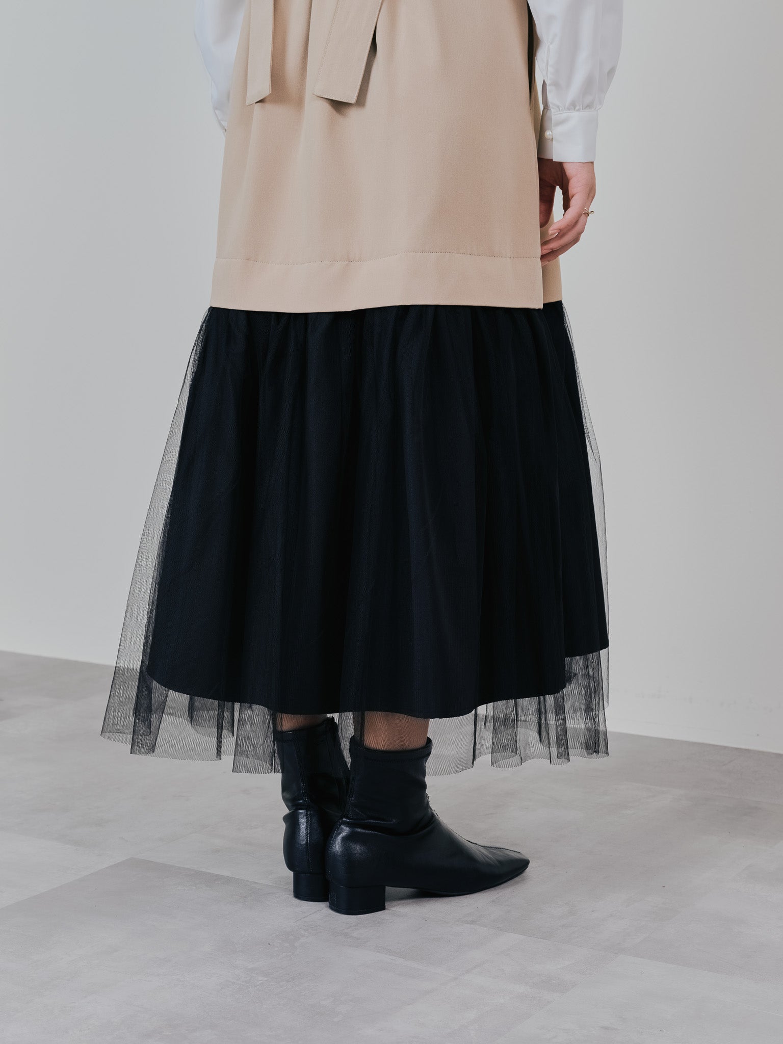 【予約商品】チュールドッキングチノジャンパースカ―ト [601418] beige