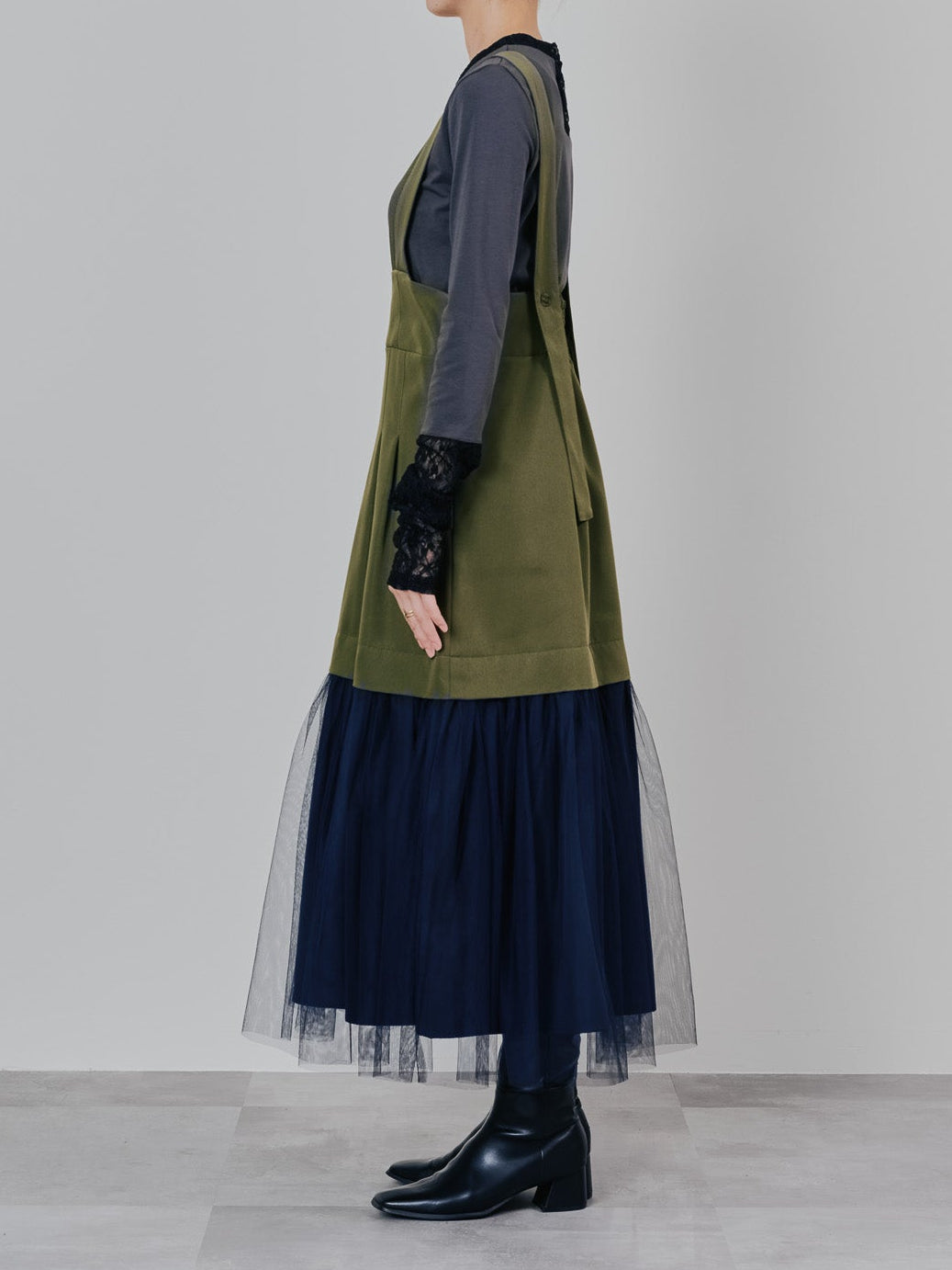 【予約商品】チュールドッキングチノジャンパースカ―ト [601418] khaki