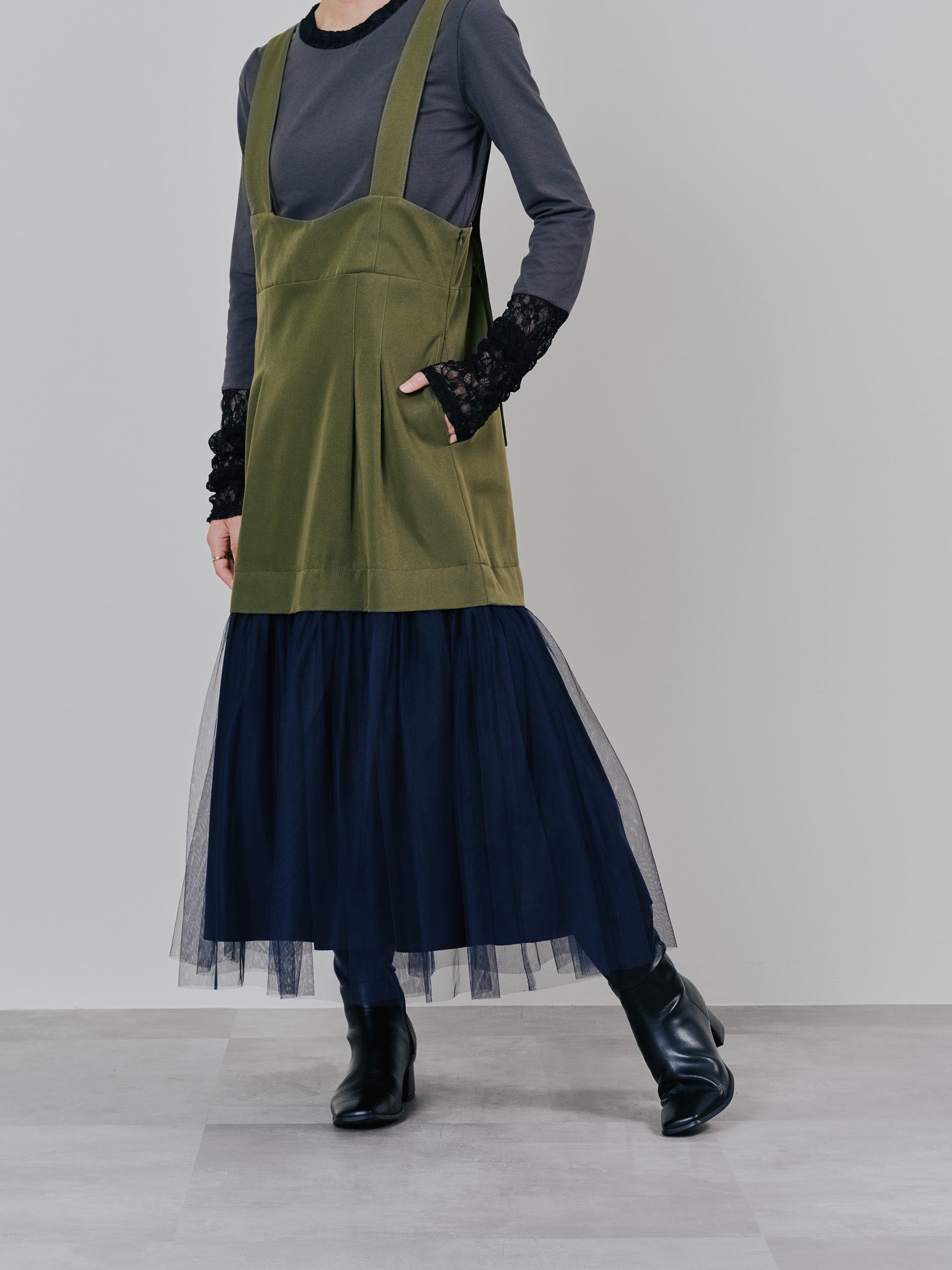 【予約商品】チュールドッキングチノジャンパースカ―ト [601418] khaki