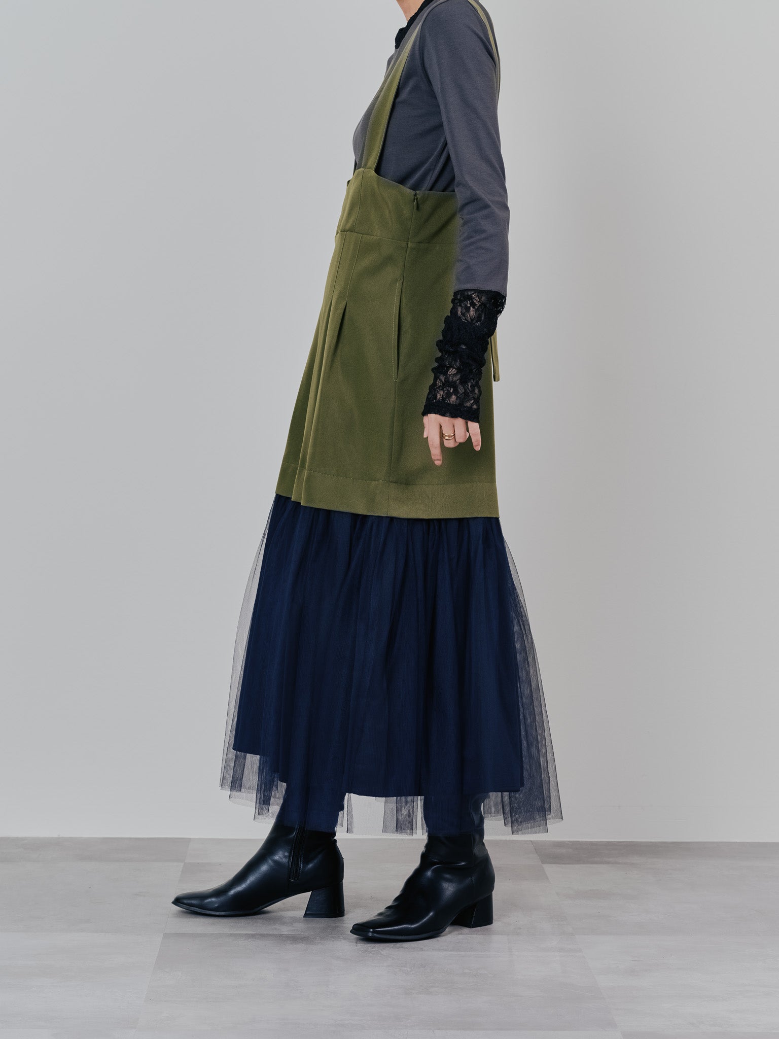 【予約商品】チュールドッキングチノジャンパースカ―ト [601418] khaki