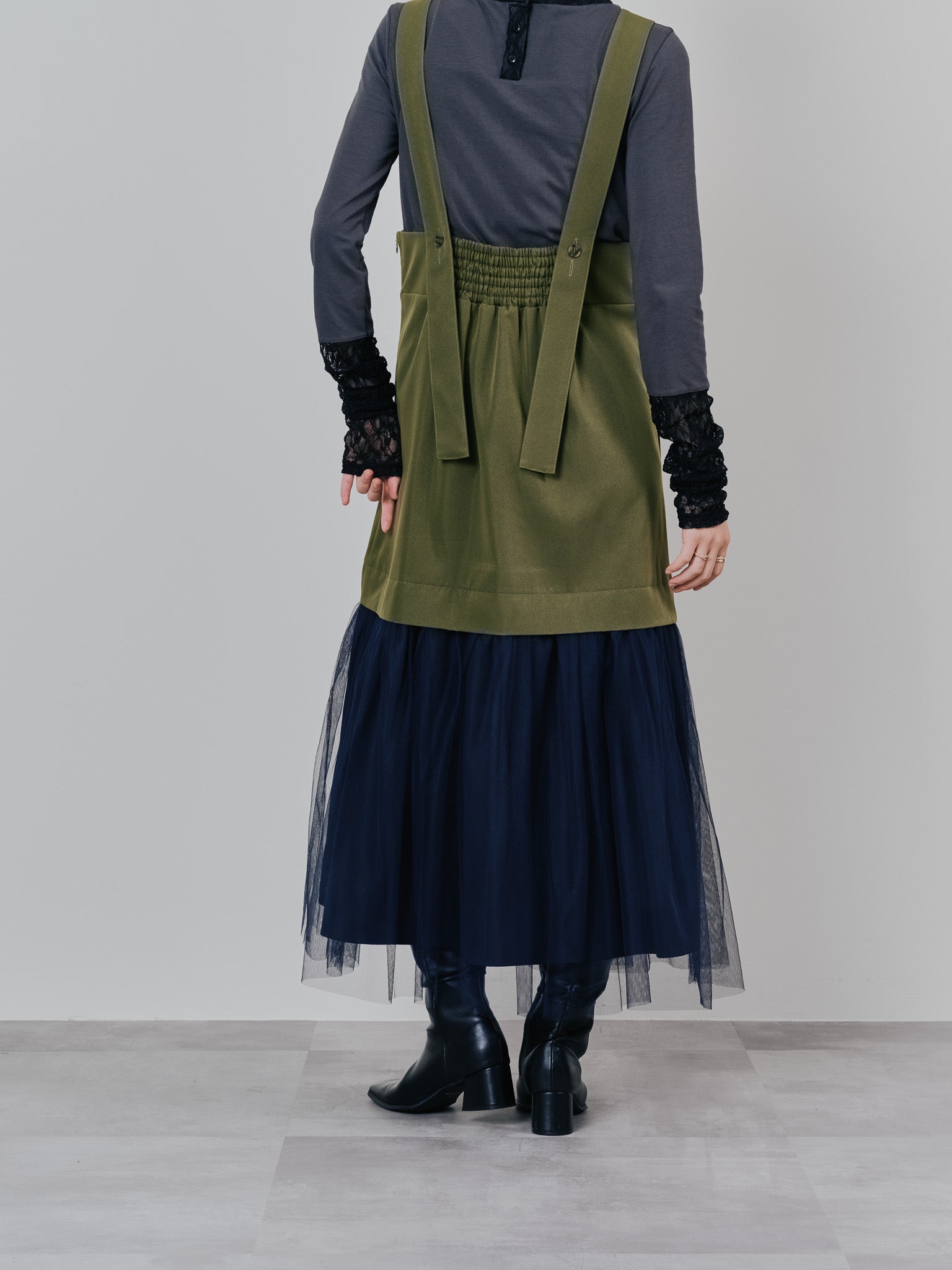 【予約商品】チュールドッキングチノジャンパースカ―ト [601418] khaki
