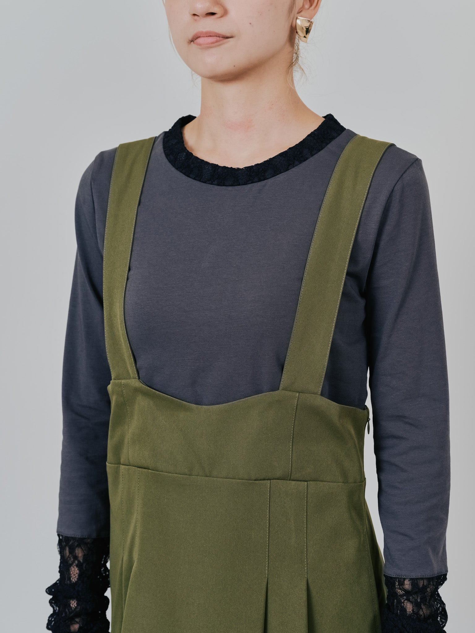 【予約商品】チュールドッキングチノジャンパースカ―ト [601418] khaki