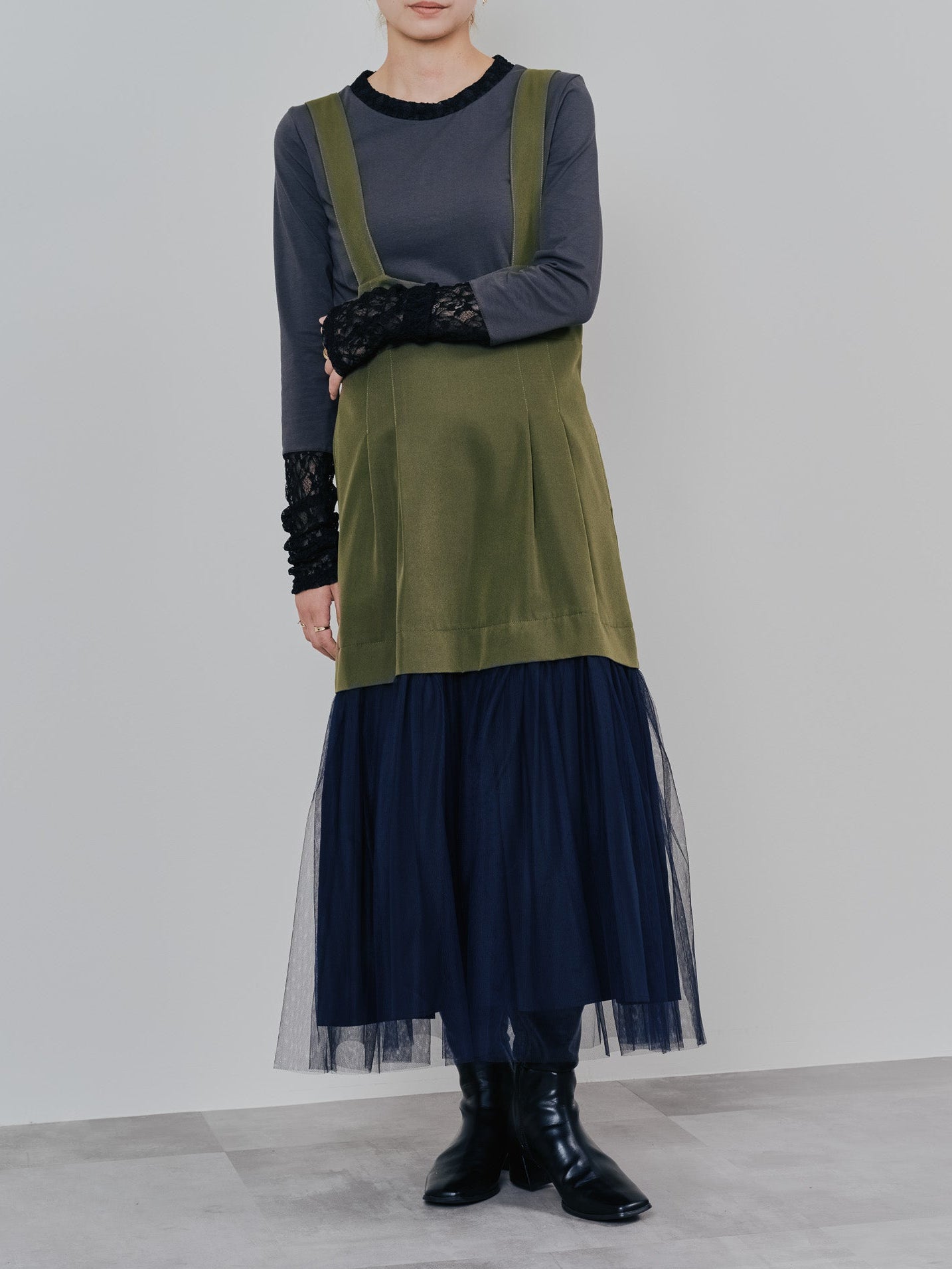 【予約商品】チュールドッキングチノジャンパースカ―ト [601418] khaki