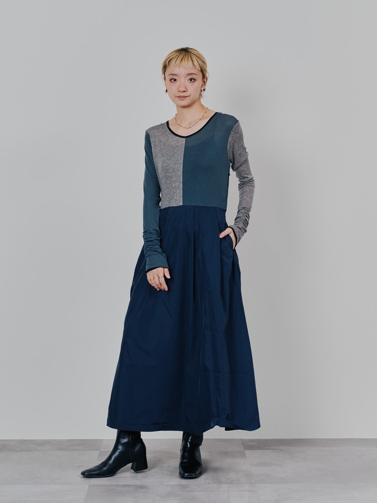 配色切替ワンピース [601417] dark navy