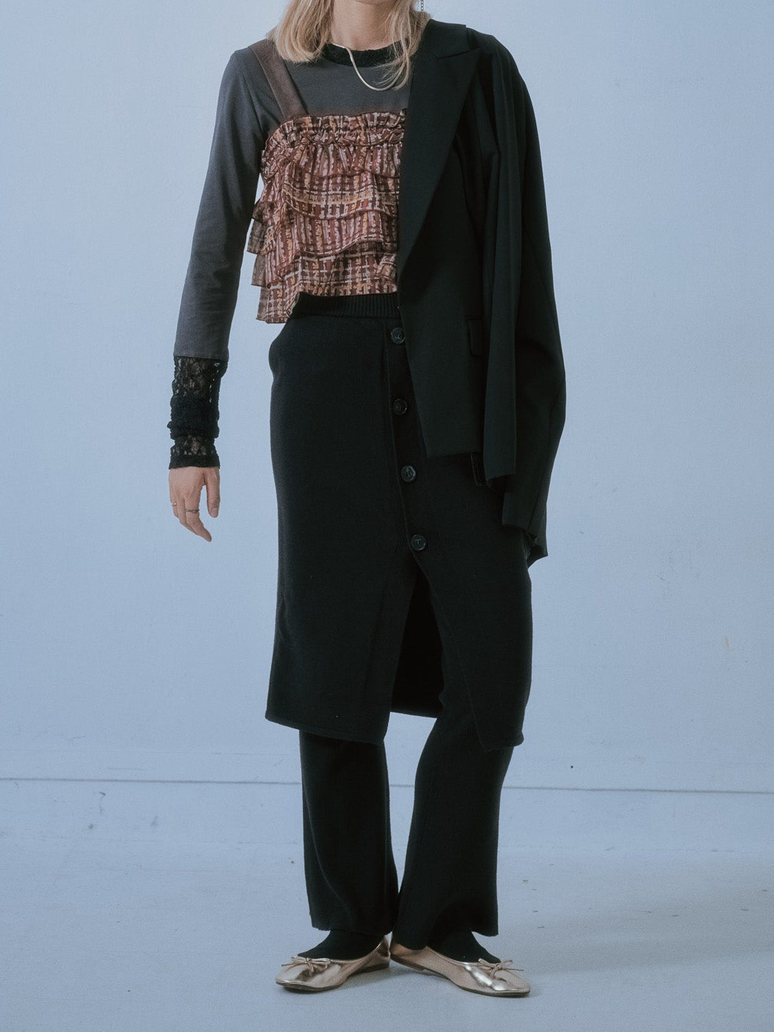 チェックプリントフリルティアードビスチェ [603335] brown