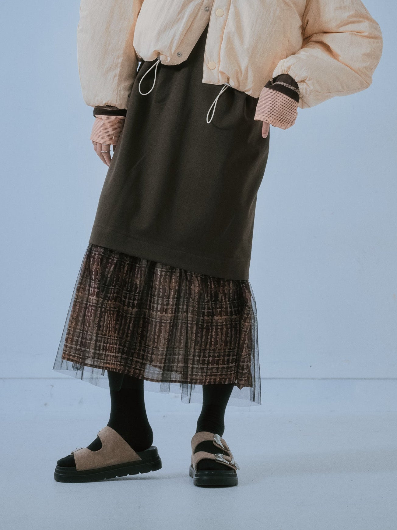 ヘムチェックサスペンダー付スカート [603341] brown