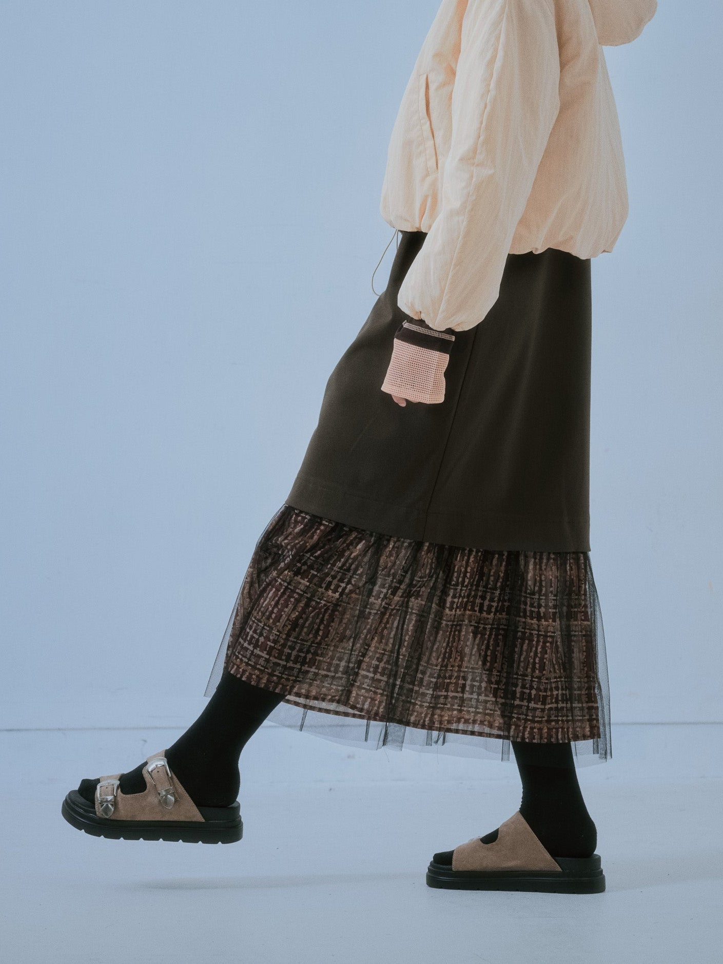 ヘムチェックサスペンダー付スカート [603341] brown