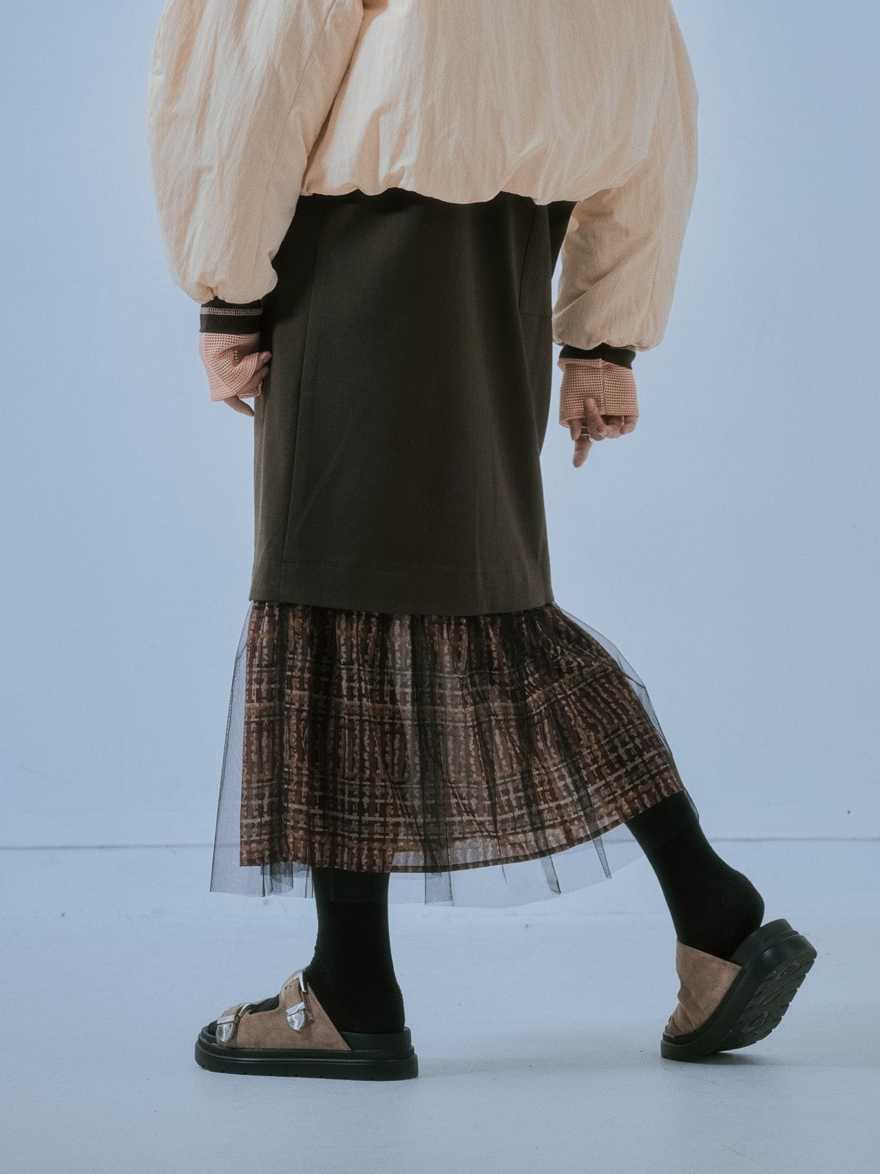 ヘムチェックサスペンダー付スカート [603341] brown