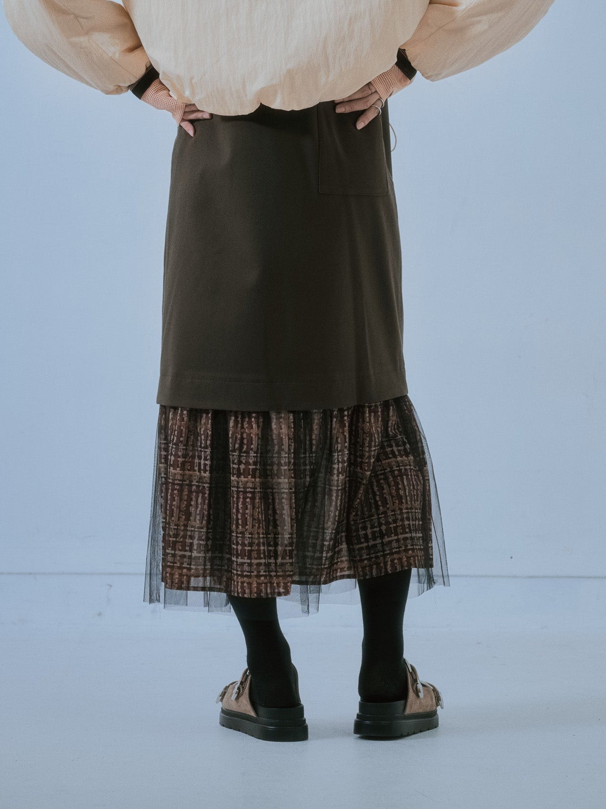 ヘムチェックサスペンダー付スカート [603341] brown