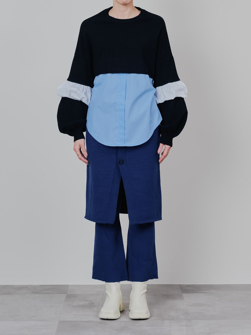 配色シャツレイヤードライクニットトップス [605535] blue