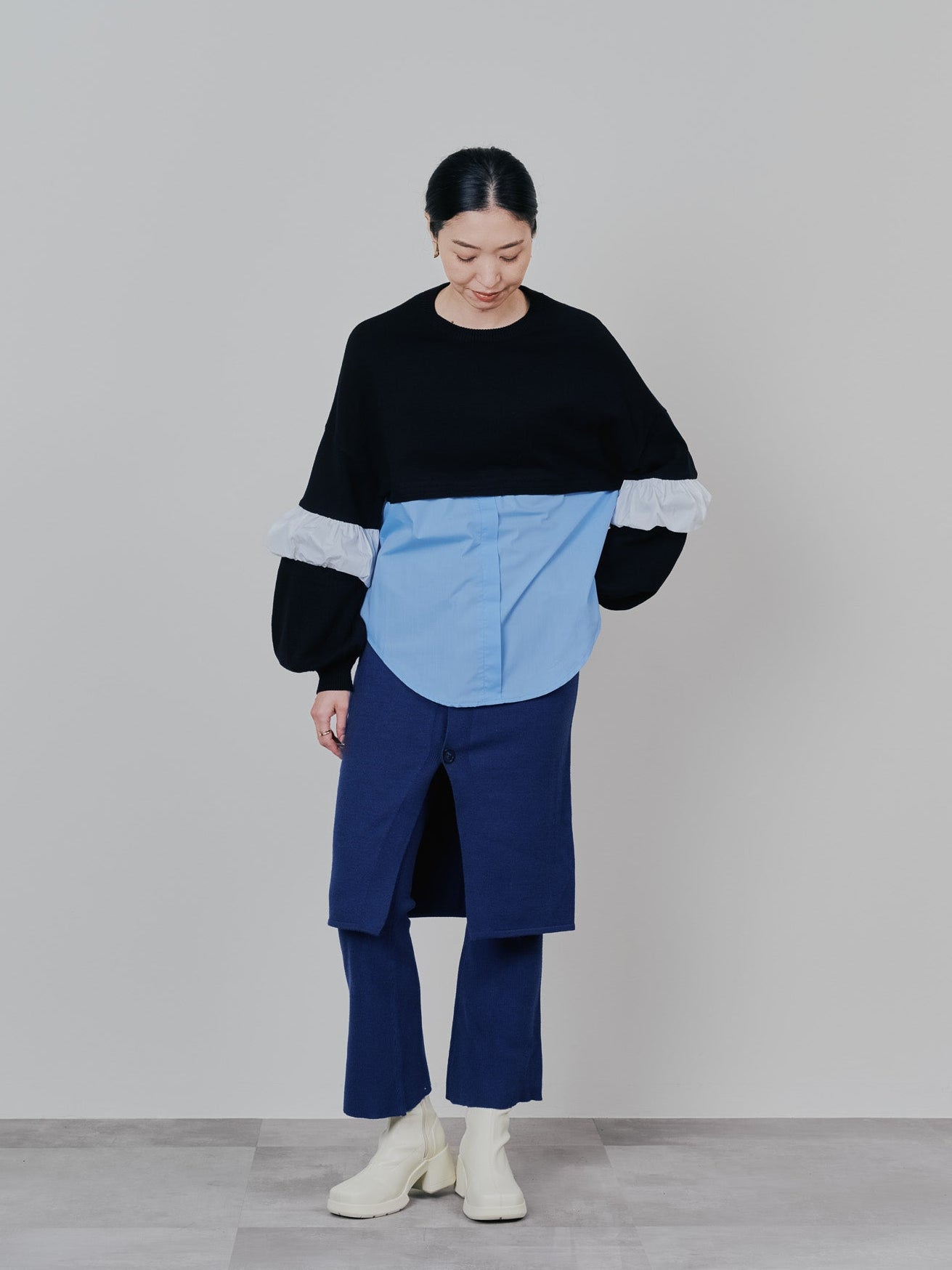 配色シャツレイヤードライクニットトップス [605535] blue