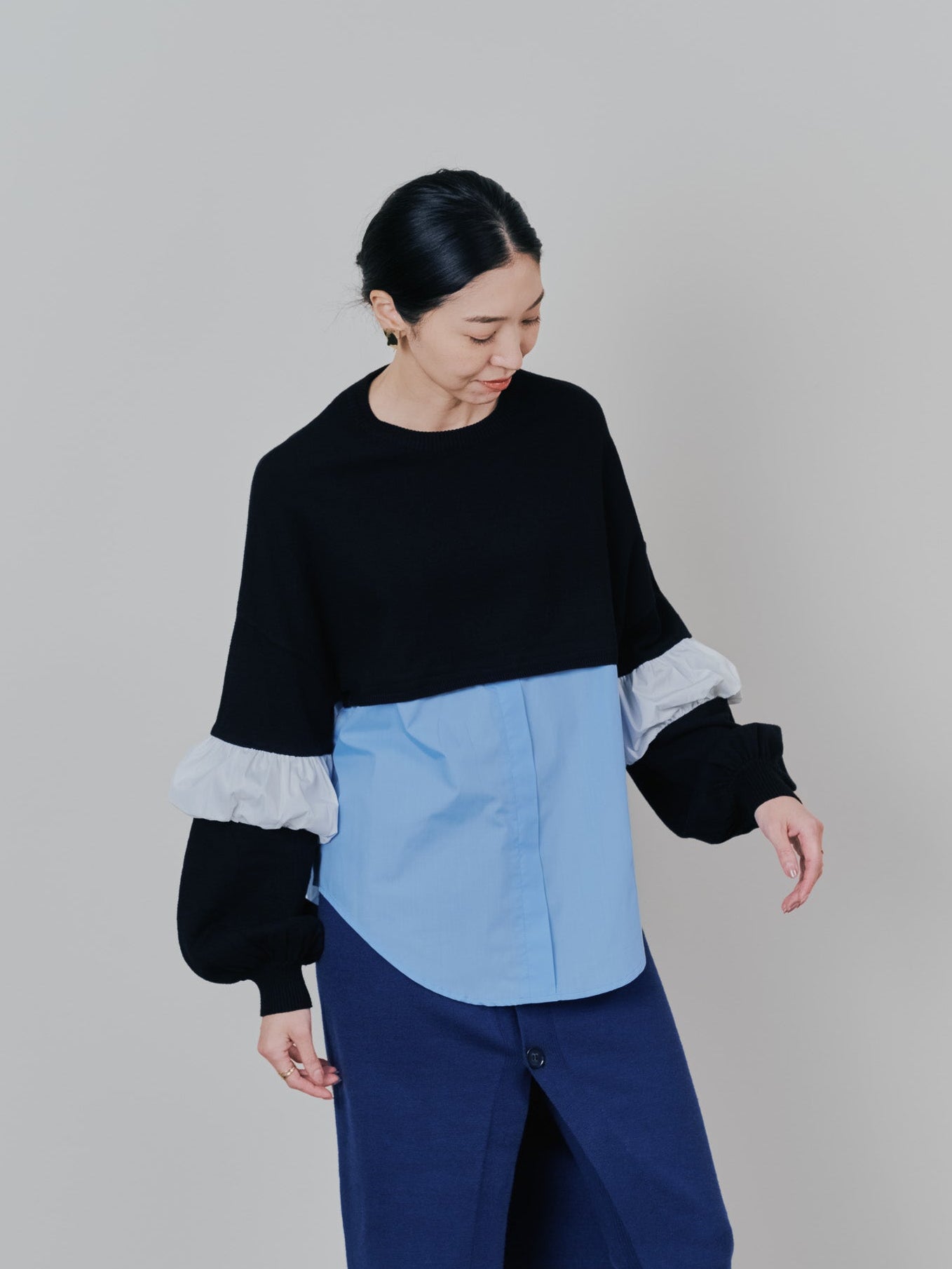 配色シャツレイヤードライクニットトップス [605535] blue