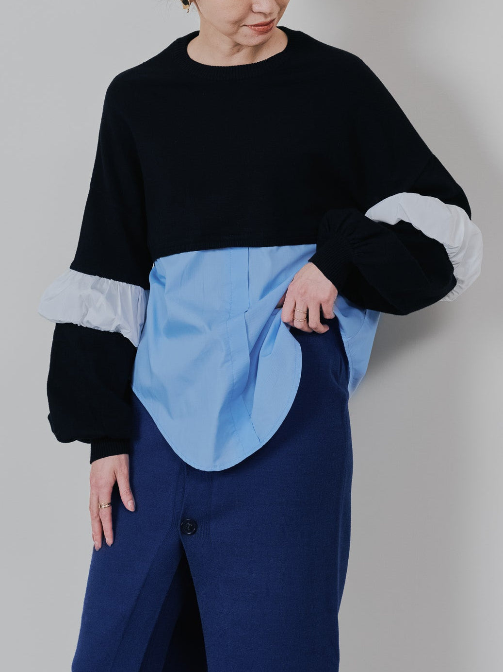配色シャツレイヤードライクニットトップス [605535] blue