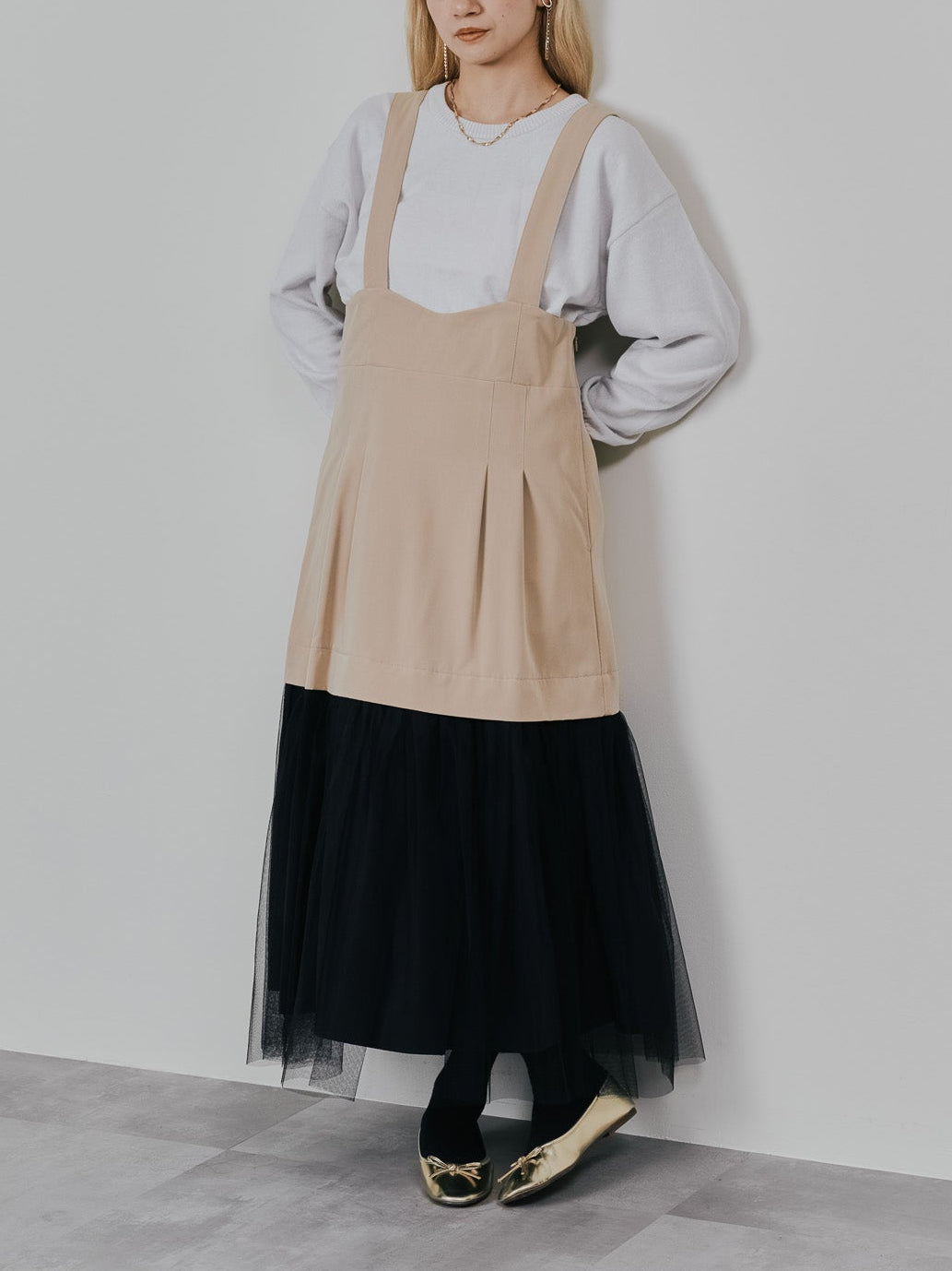 【予約商品】チュールドッキングチノジャンパースカ―ト [601418] beige