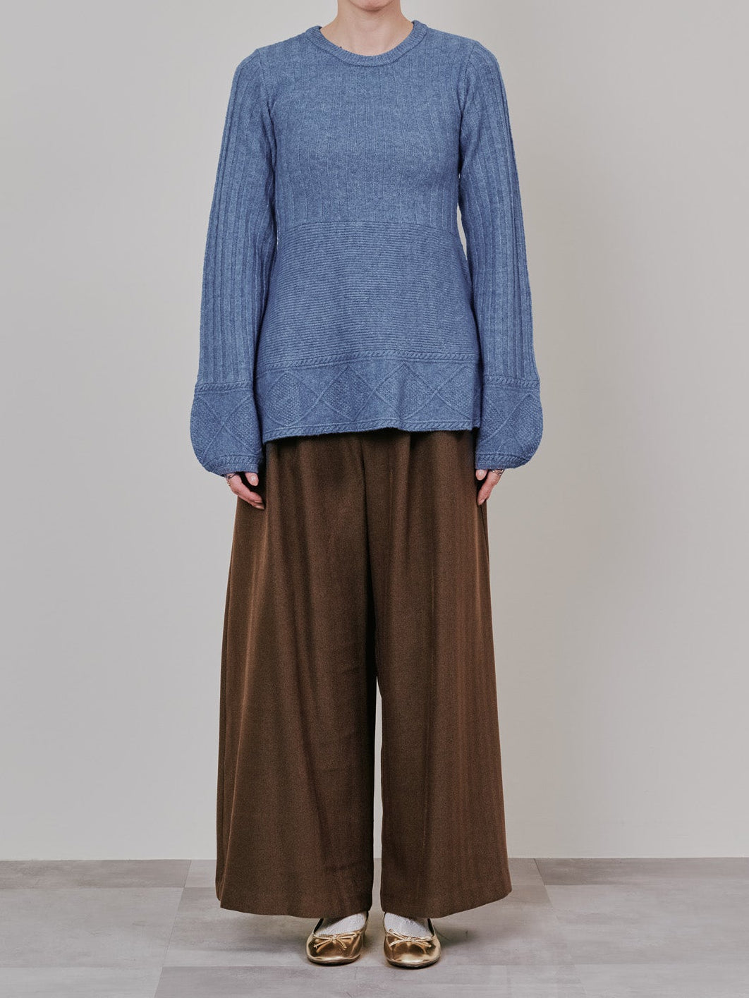 ケーブルペプラムニットトップス [605534] blue