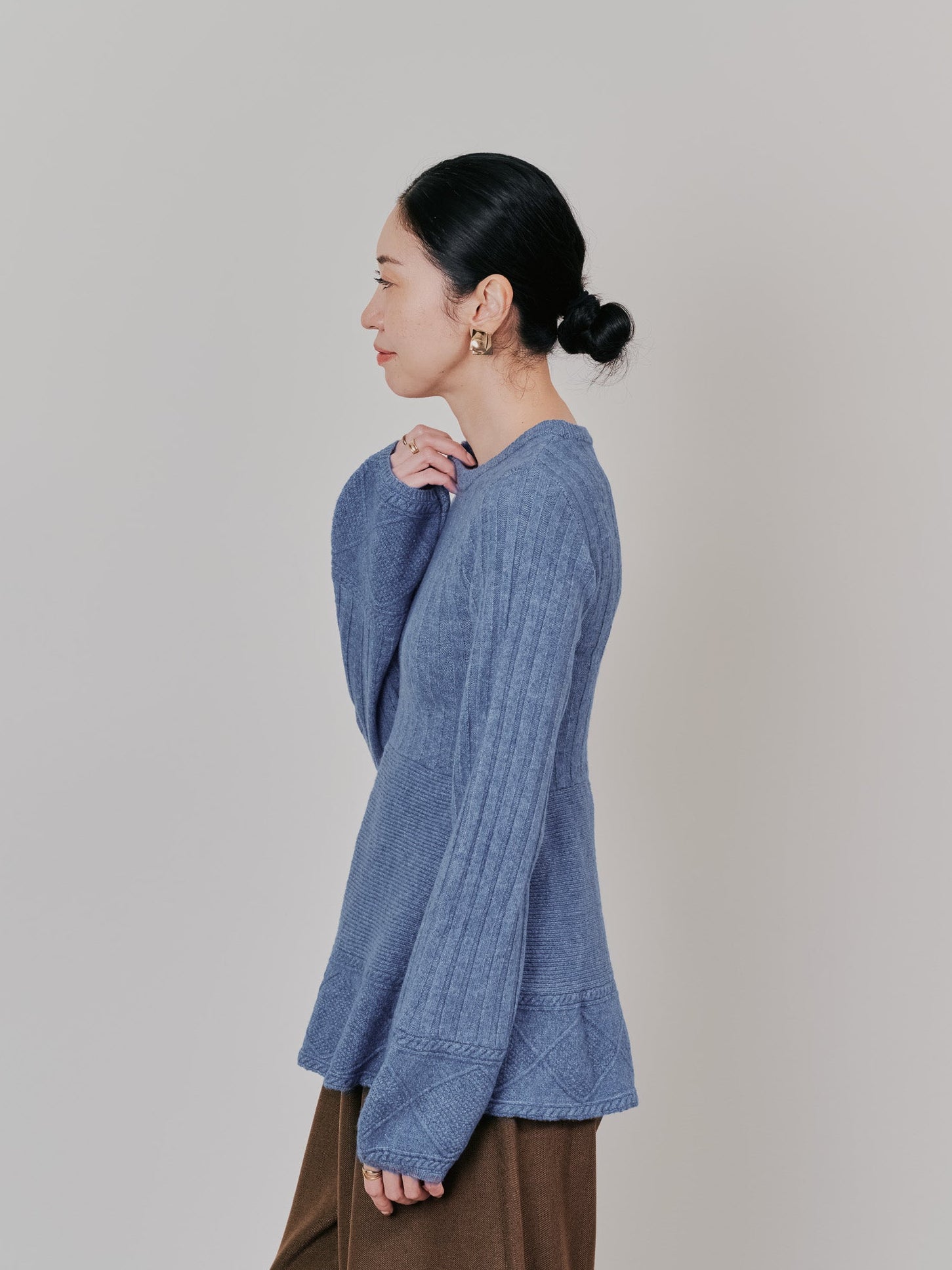 ケーブルペプラムニットトップス [605534] blue