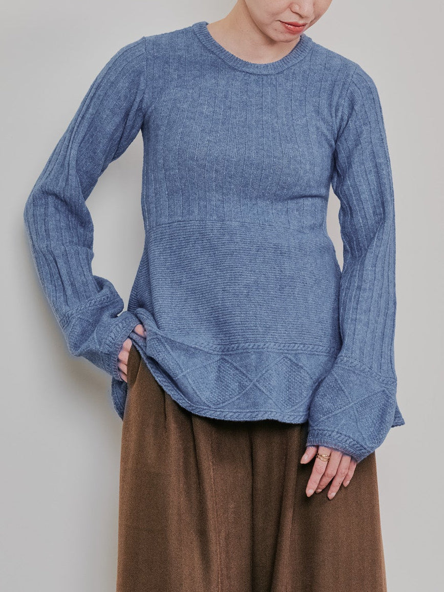 ケーブルペプラムニットトップス [605534] blue