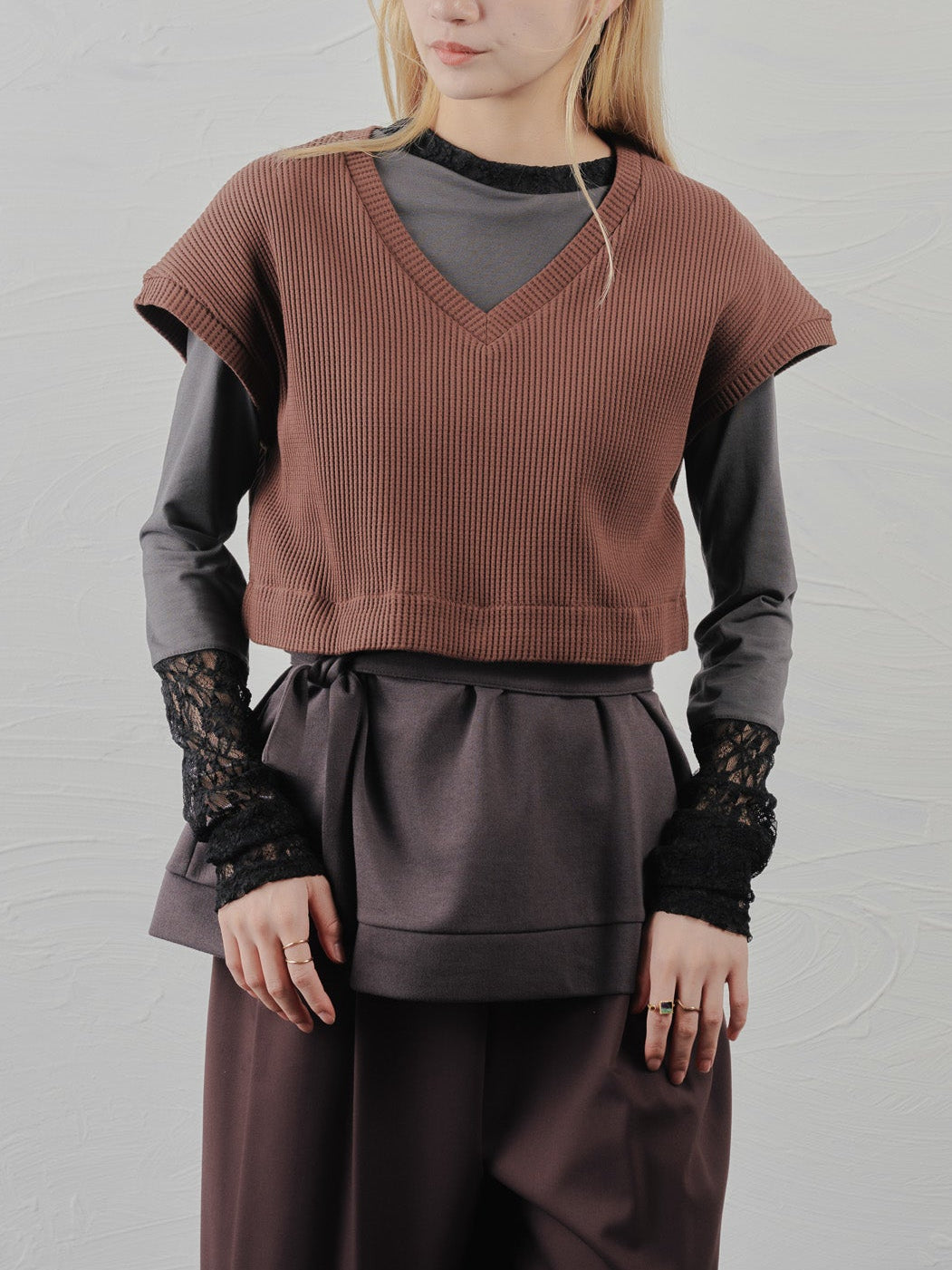 ヘム2WAYワッフルベスト [601355] brown