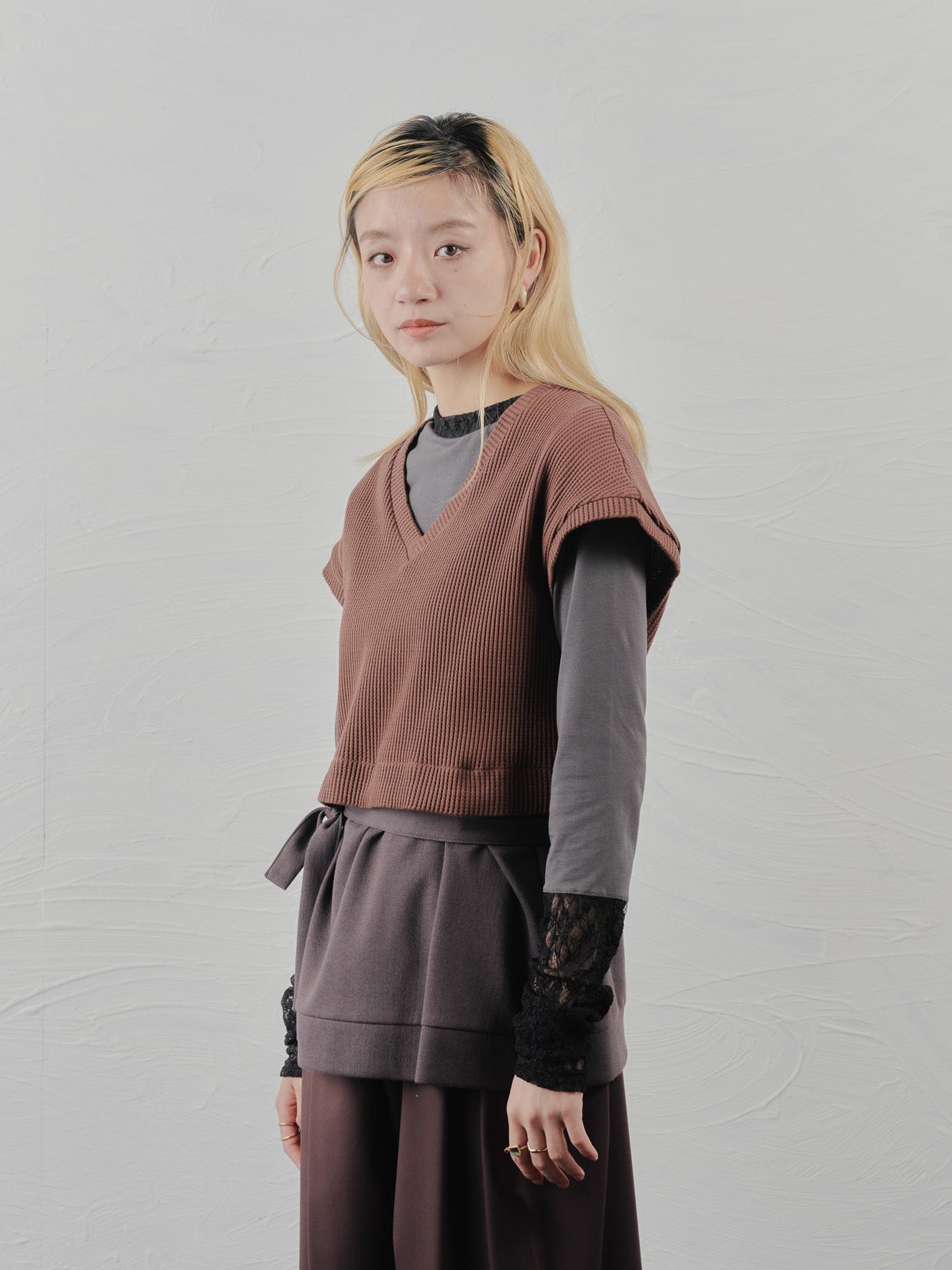 ヘム2WAYワッフルベスト [601355] brown