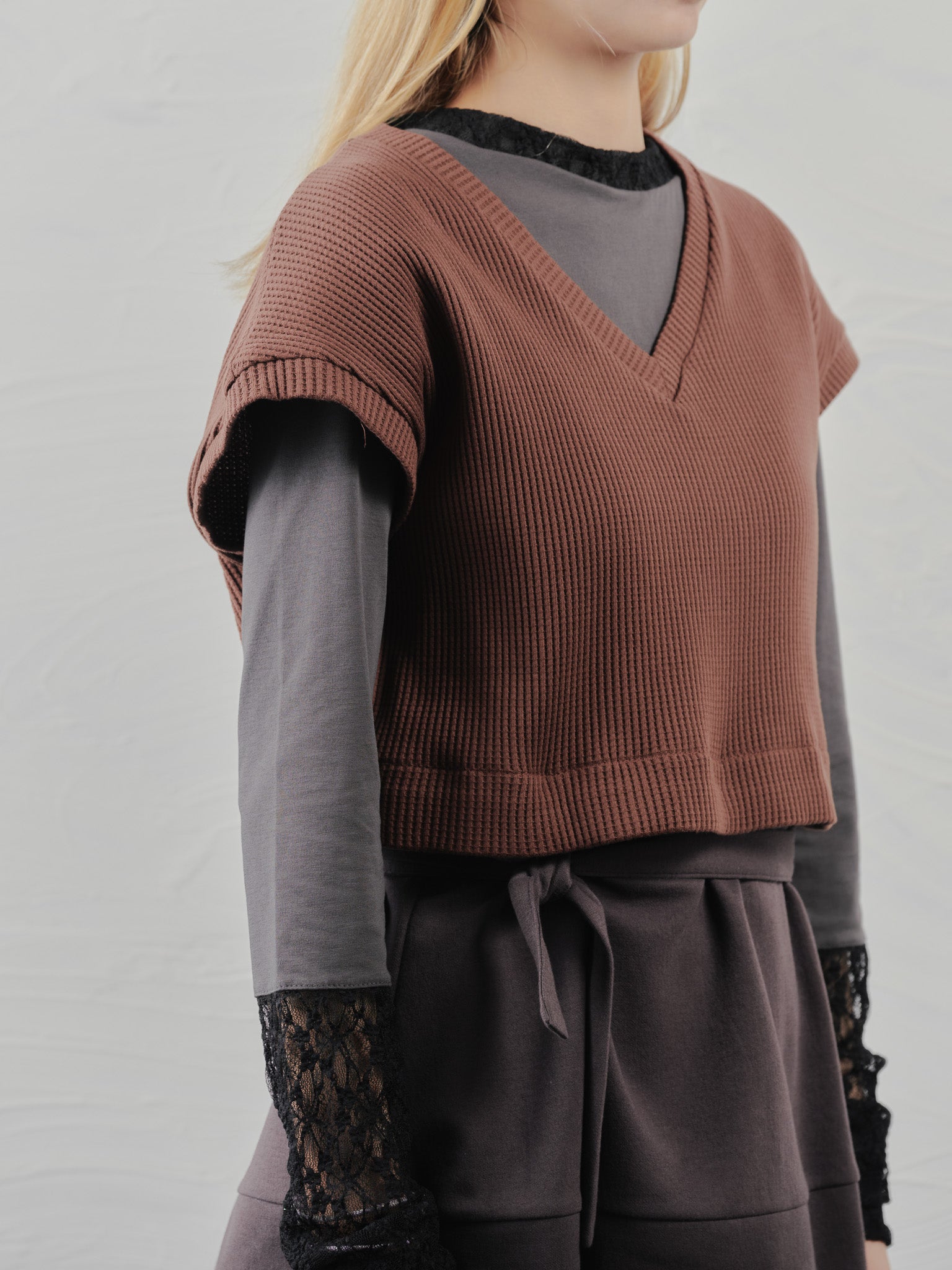 ヘム2WAYワッフルベスト [601355] brown