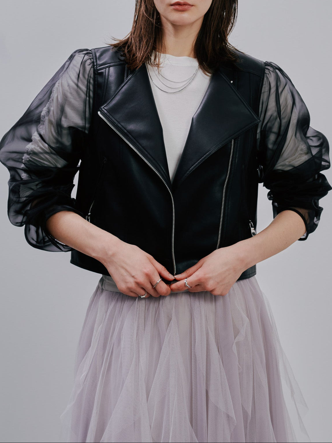 Tulle Sleeve Riders Jacket [603348] black(99)