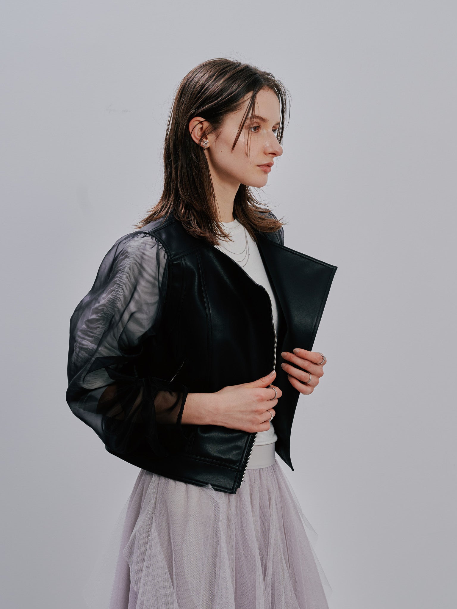 Tulle Sleeve Riders Jacket [603348] black(99)