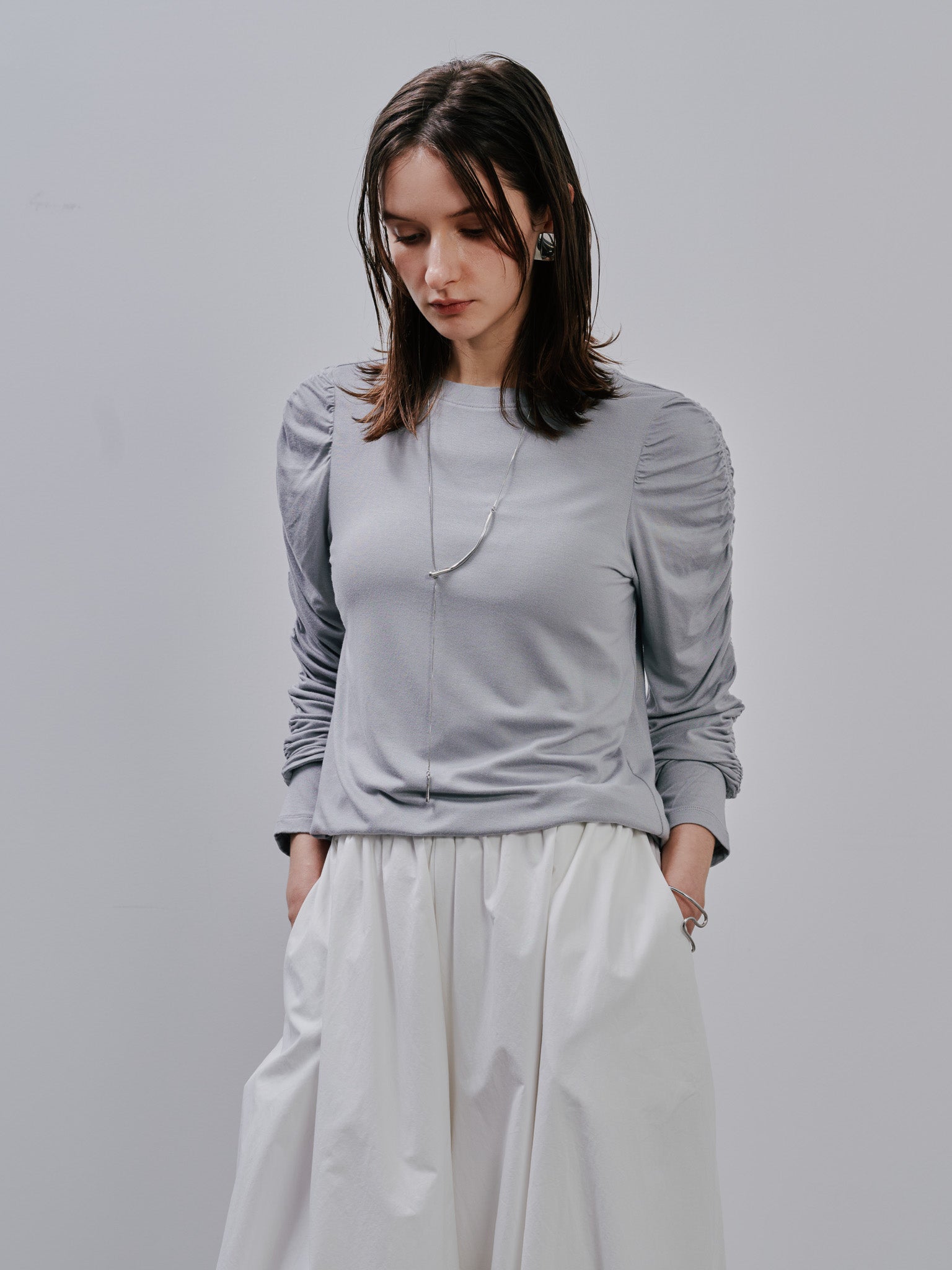 Gather Sleeve Tops [603343] grey(75)