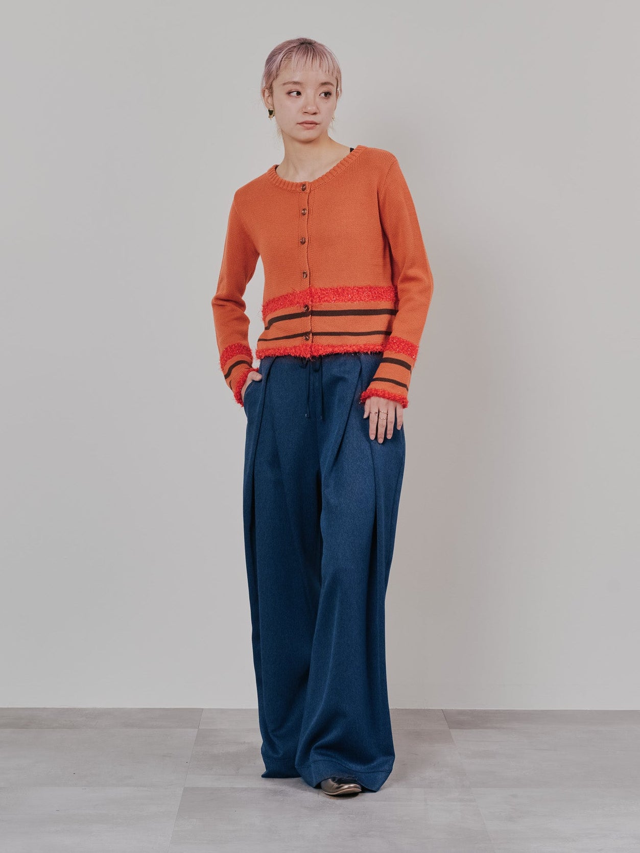 フロントリボンワイドタックパンツ [603330] navy