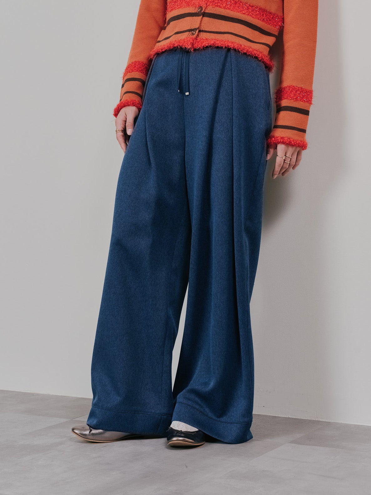 フロントリボンワイドタックパンツ [603330] navy