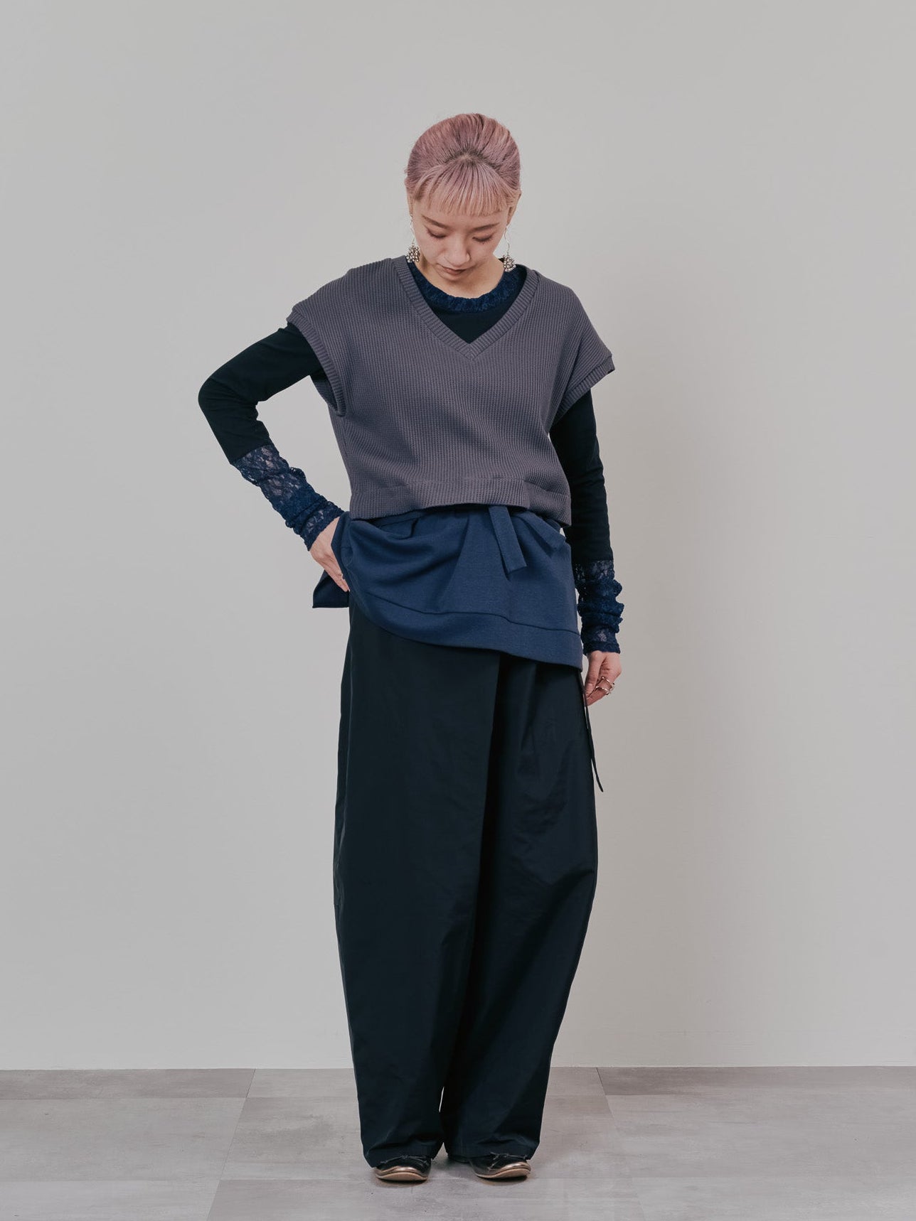 ヘム2WAYワッフルベスト [601355] charcoal