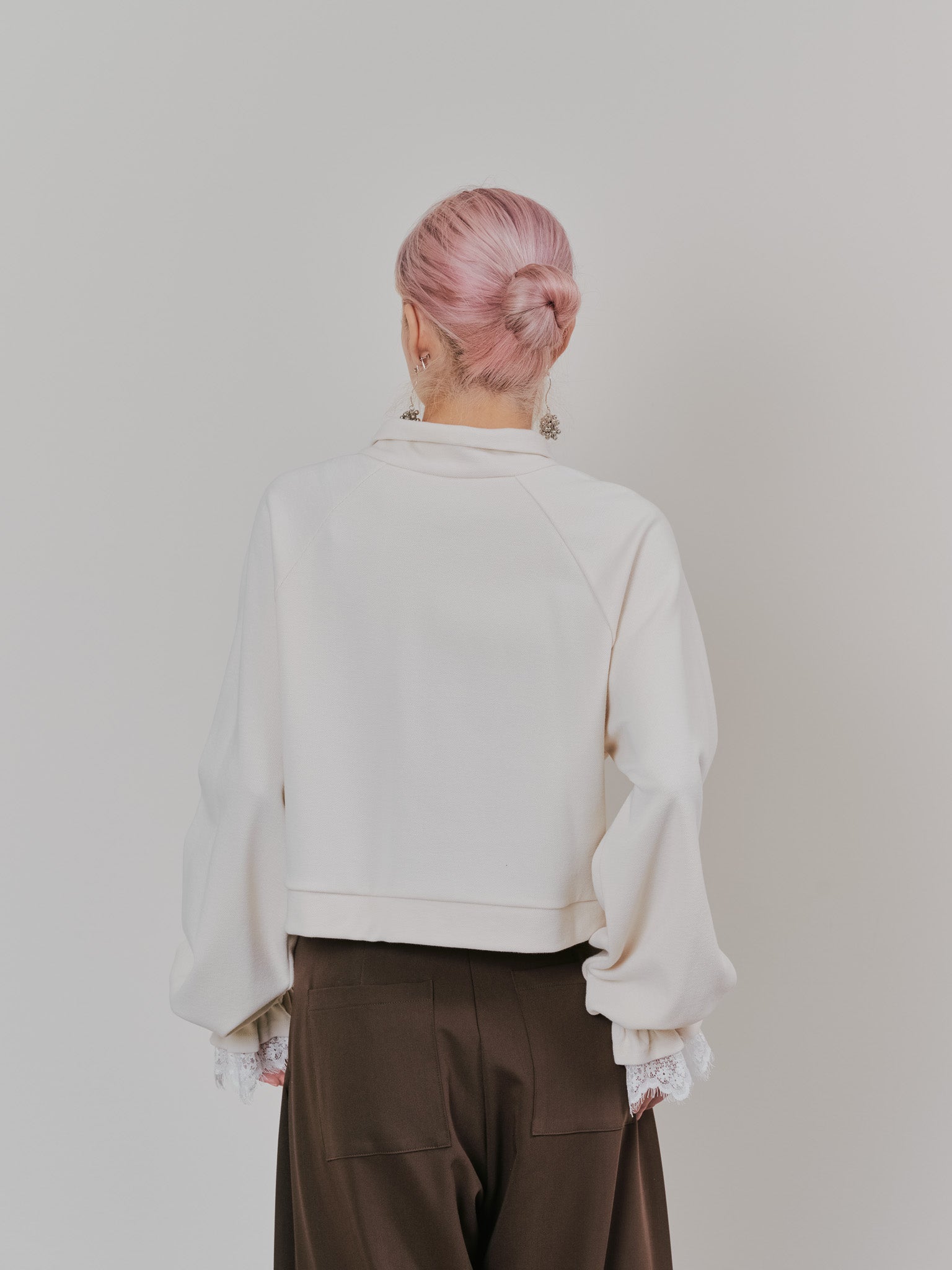 ハーフジップ配色レーストップス [605529] ivory