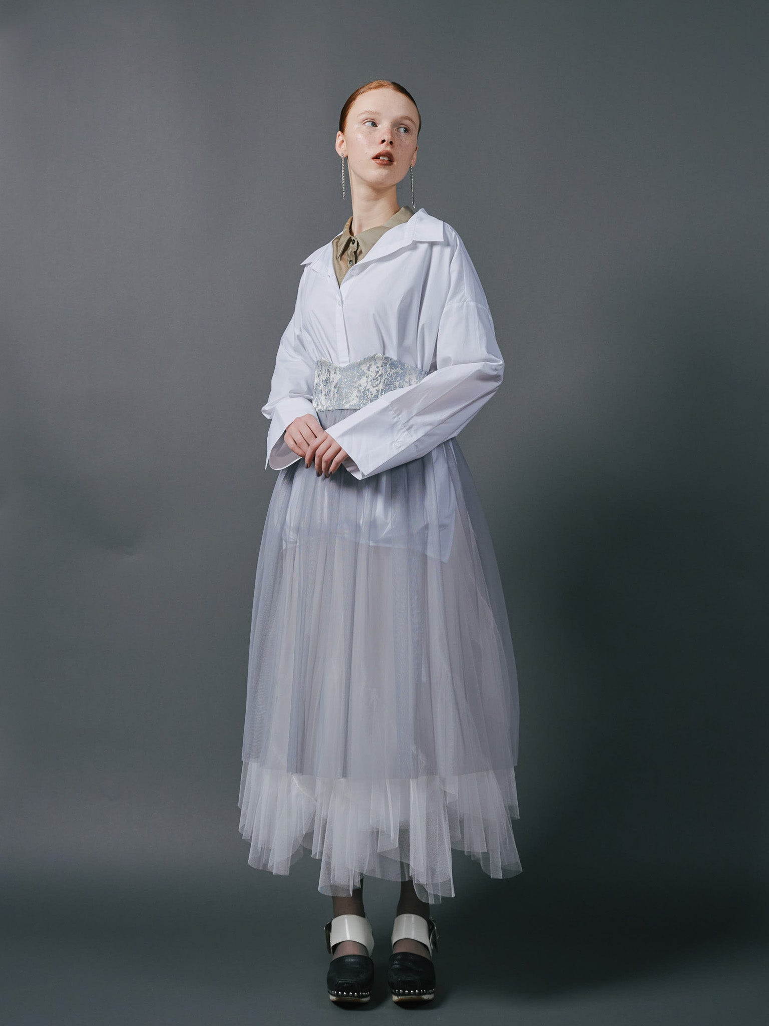 Jacquard × Tulle Skirt [603390] blue grey(80)