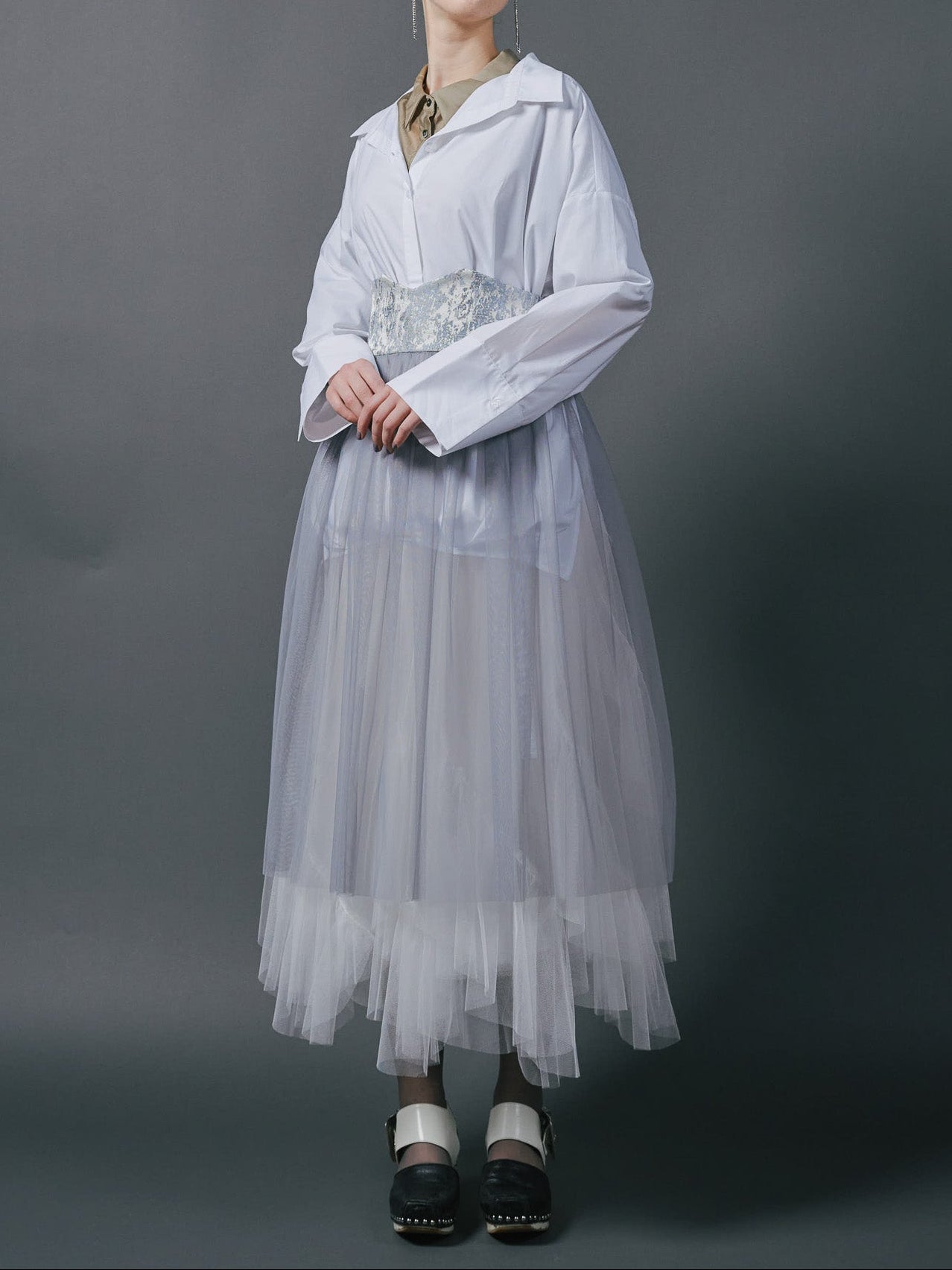 Jacquard × Tulle Skirt [603390] blue grey(80)
