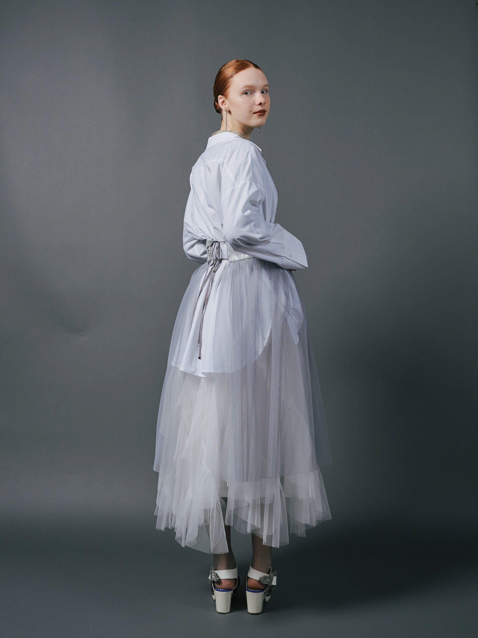 Jacquard × Tulle Skirt [603390] blue grey(80)
