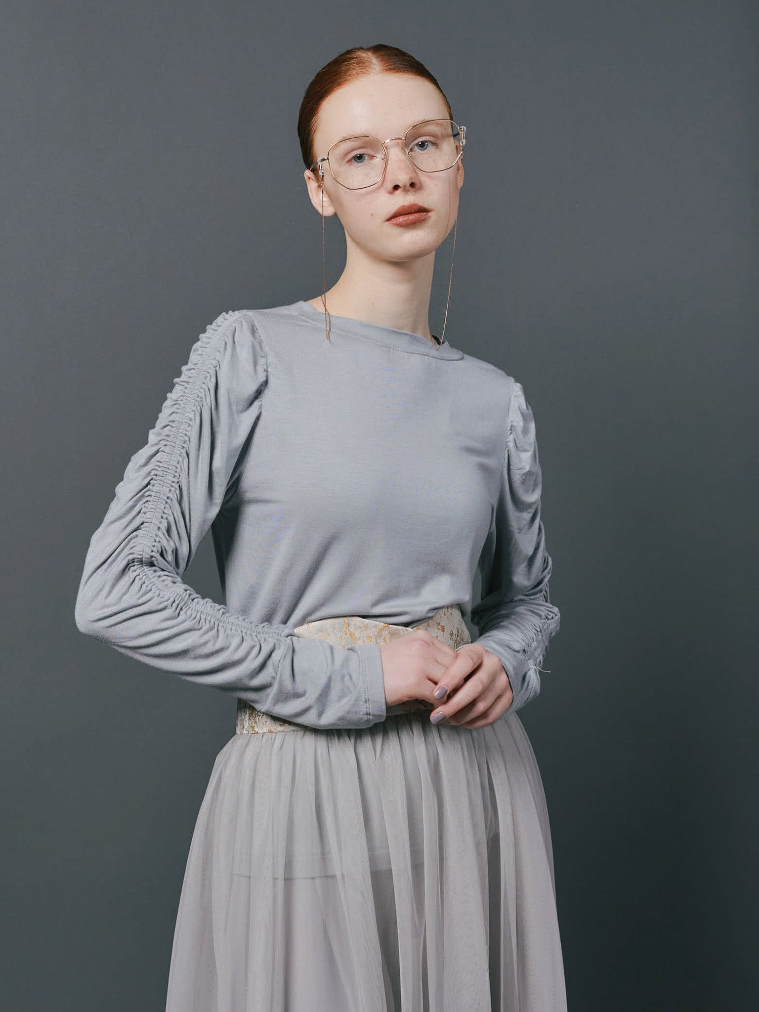Gather Sleeve Tops [603343] grey(75)